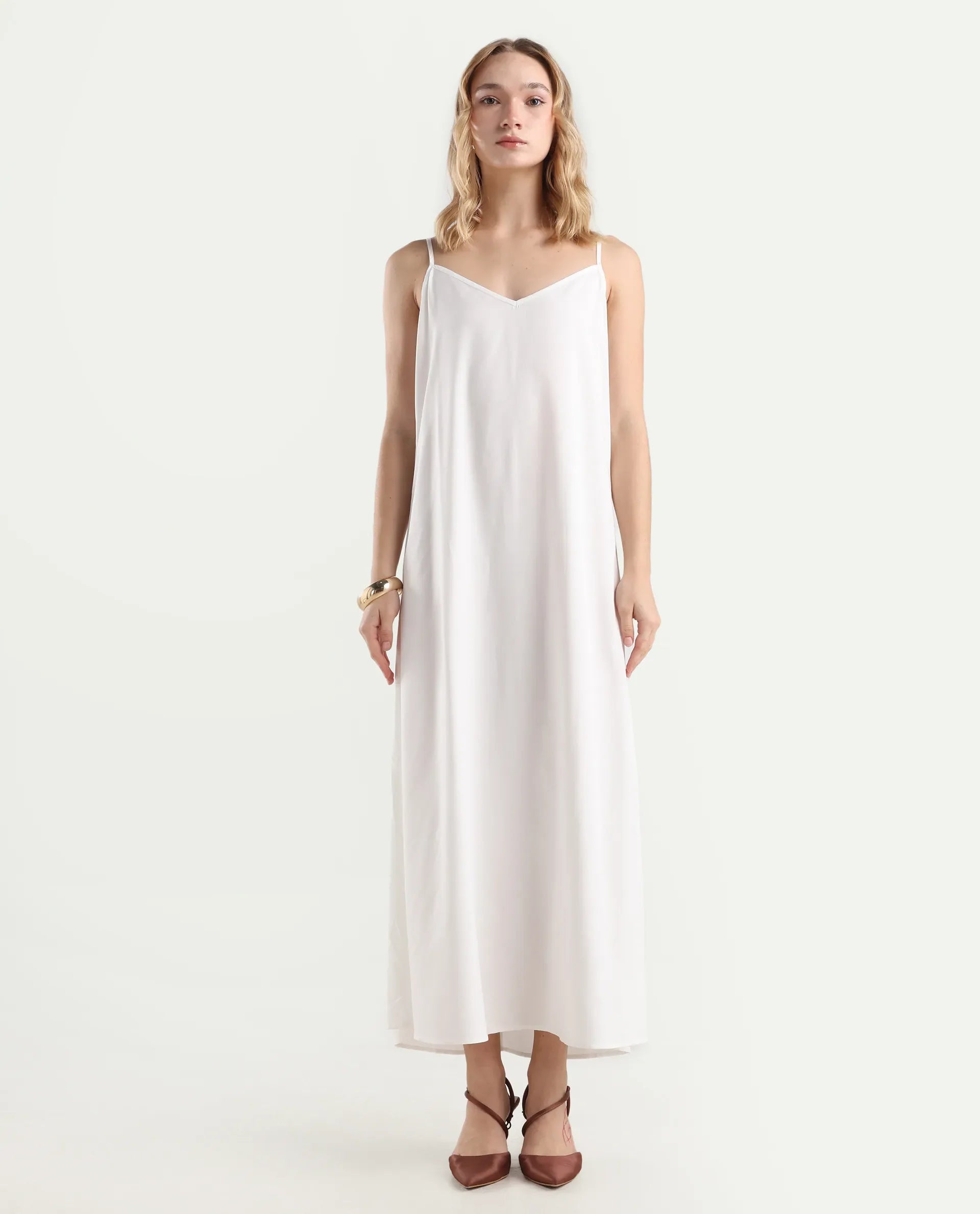 Rareism Women's Aronam Beige Viscose Blend Half Sleeve Crew Neck Flared Dress