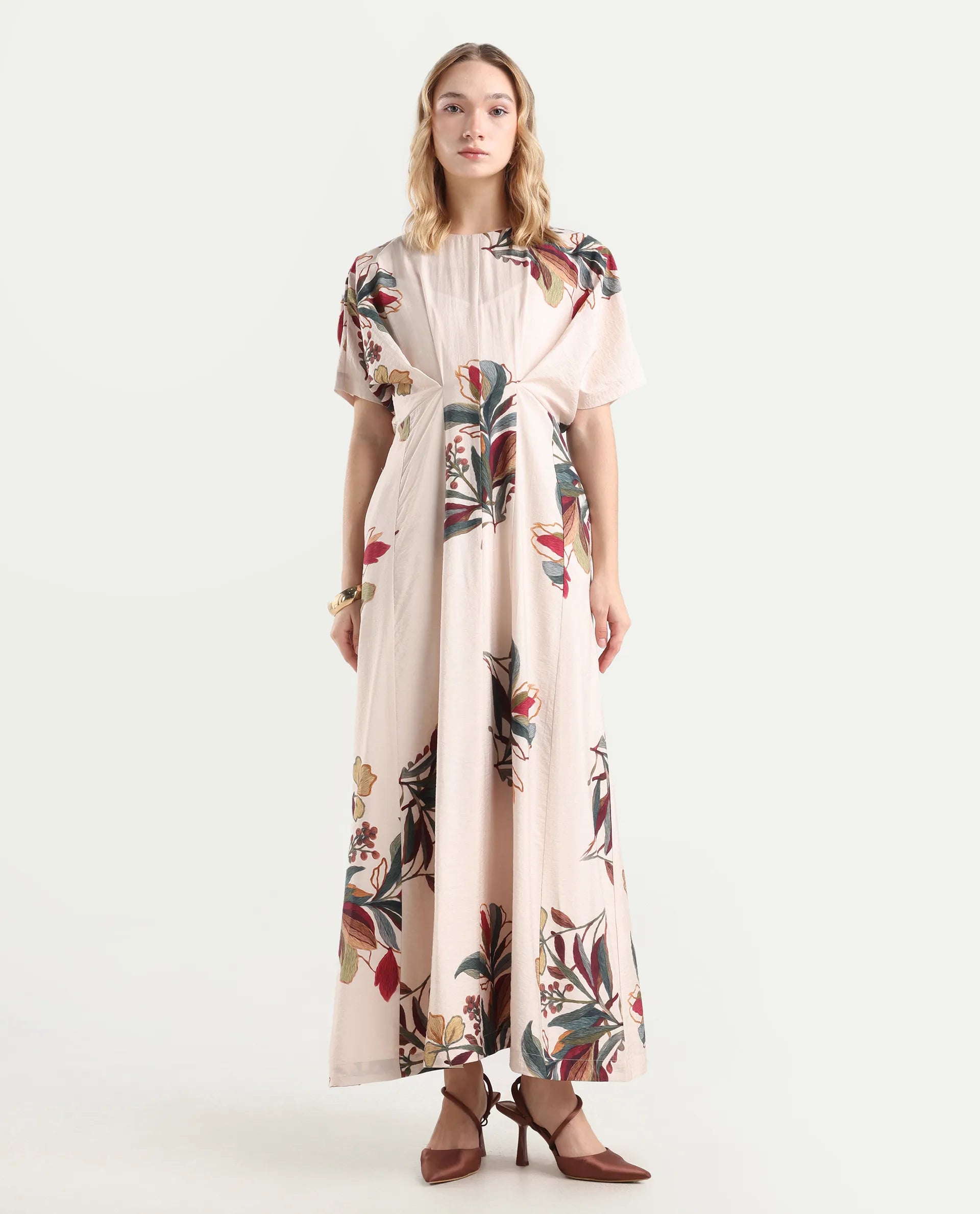 Rareism Women's Aronam Beige Viscose Blend Half Sleeve Crew Neck Flared Dress