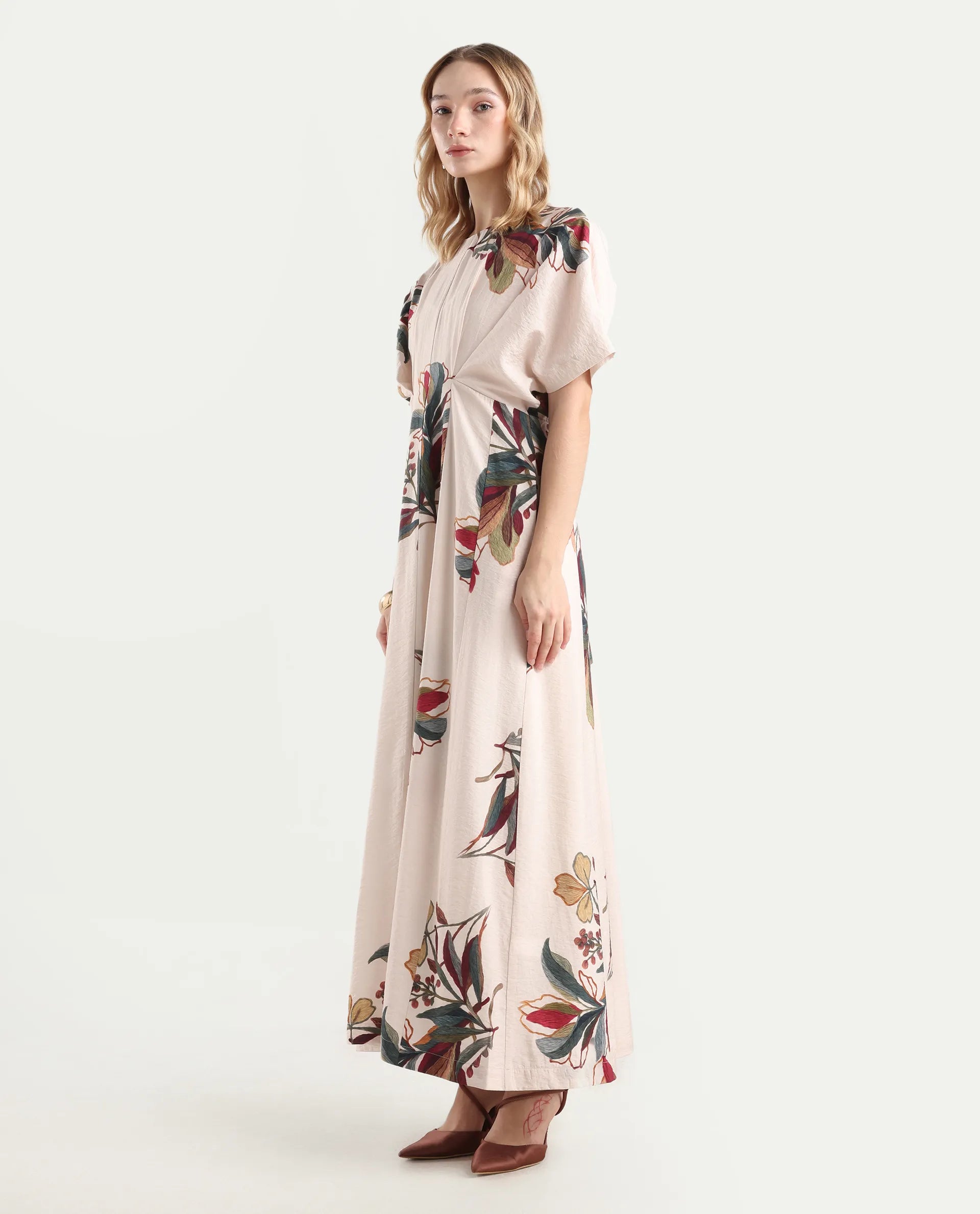 Rareism Women's Aronam Beige Viscose Blend Half Sleeve Crew Neck Flared Dress