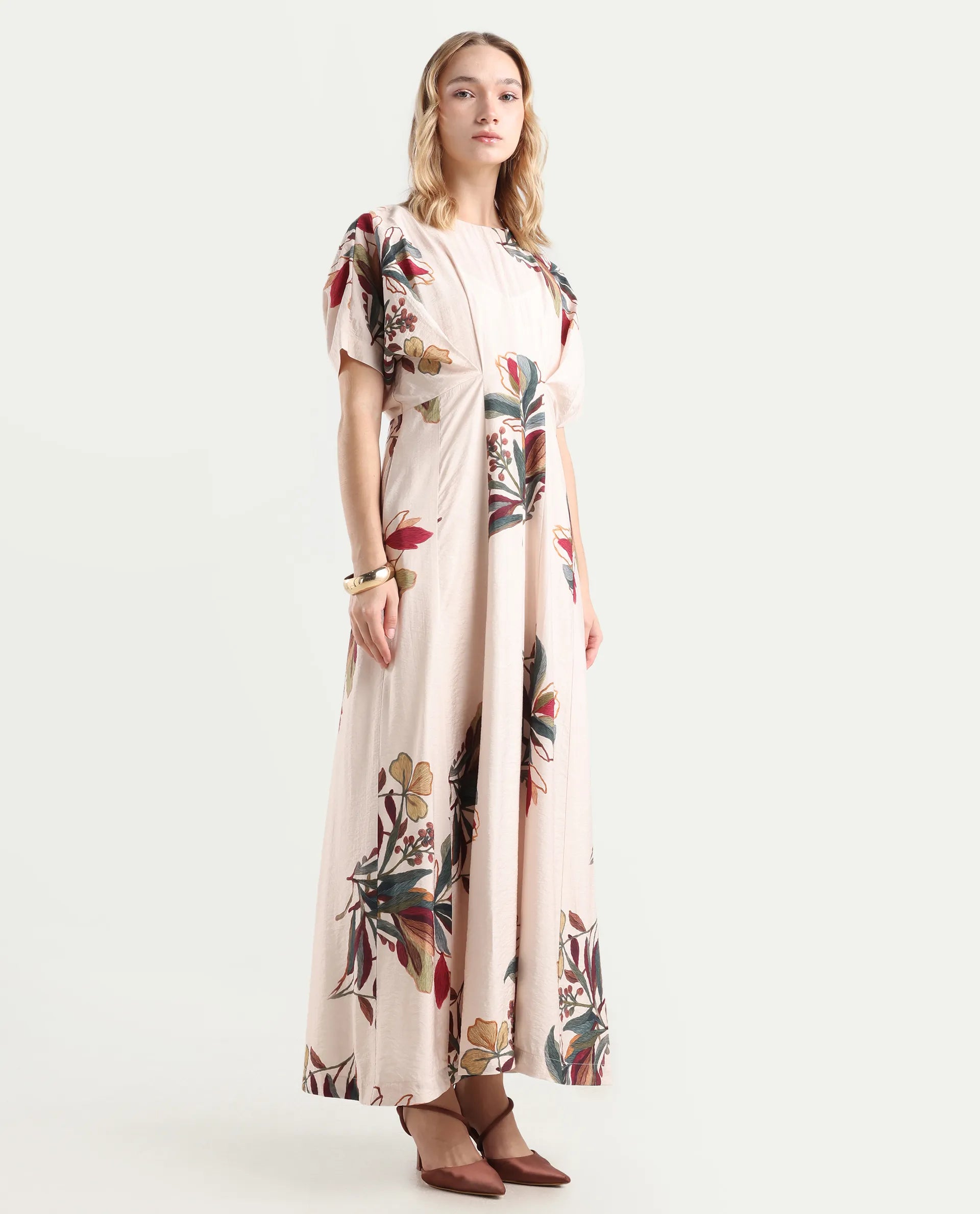 Rareism Women's Aronam Beige Viscose Blend Half Sleeve Crew Neck Flared Dress