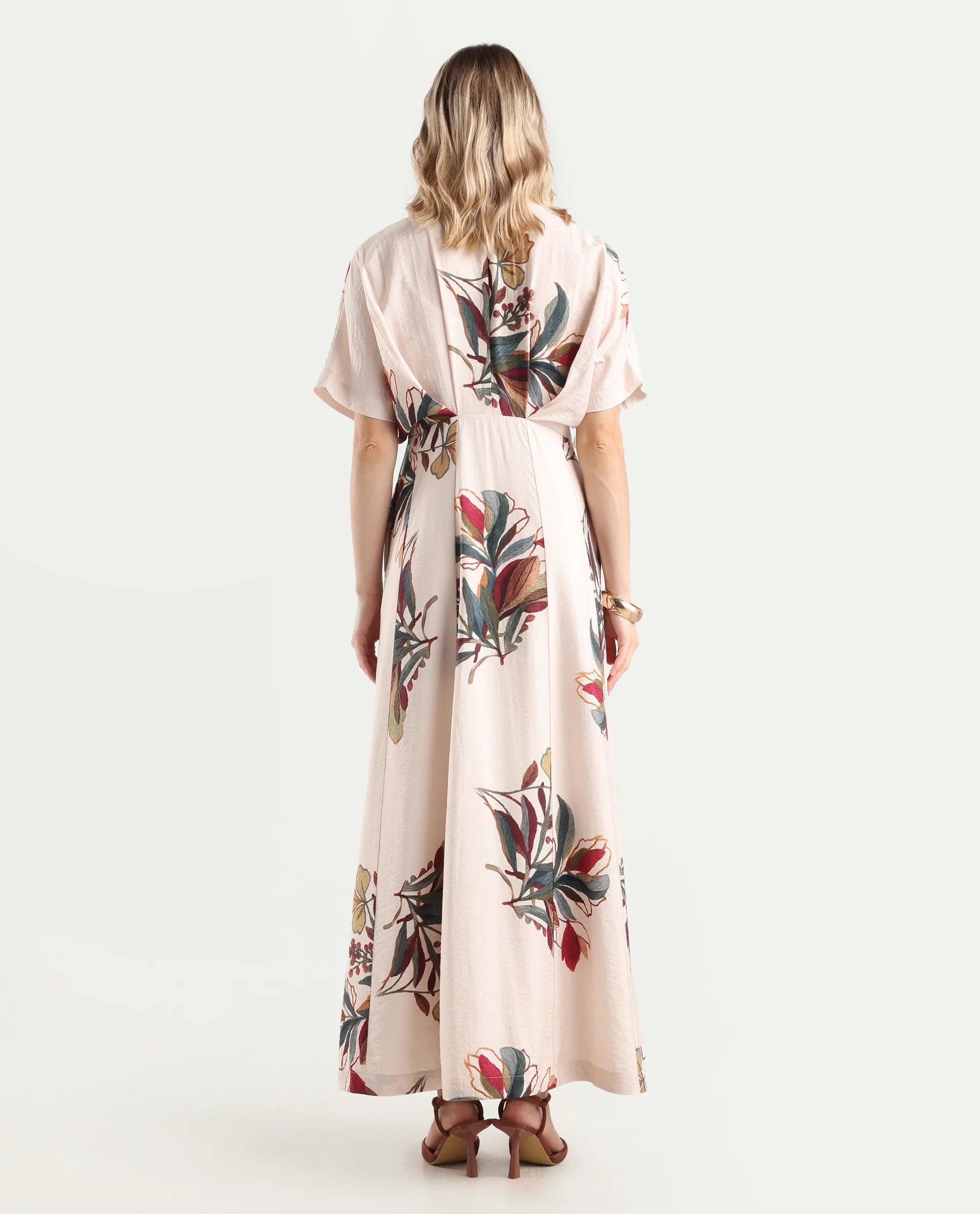 Rareism Women's Aronam Beige Viscose Blend Half Sleeve Crew Neck Flared Dress