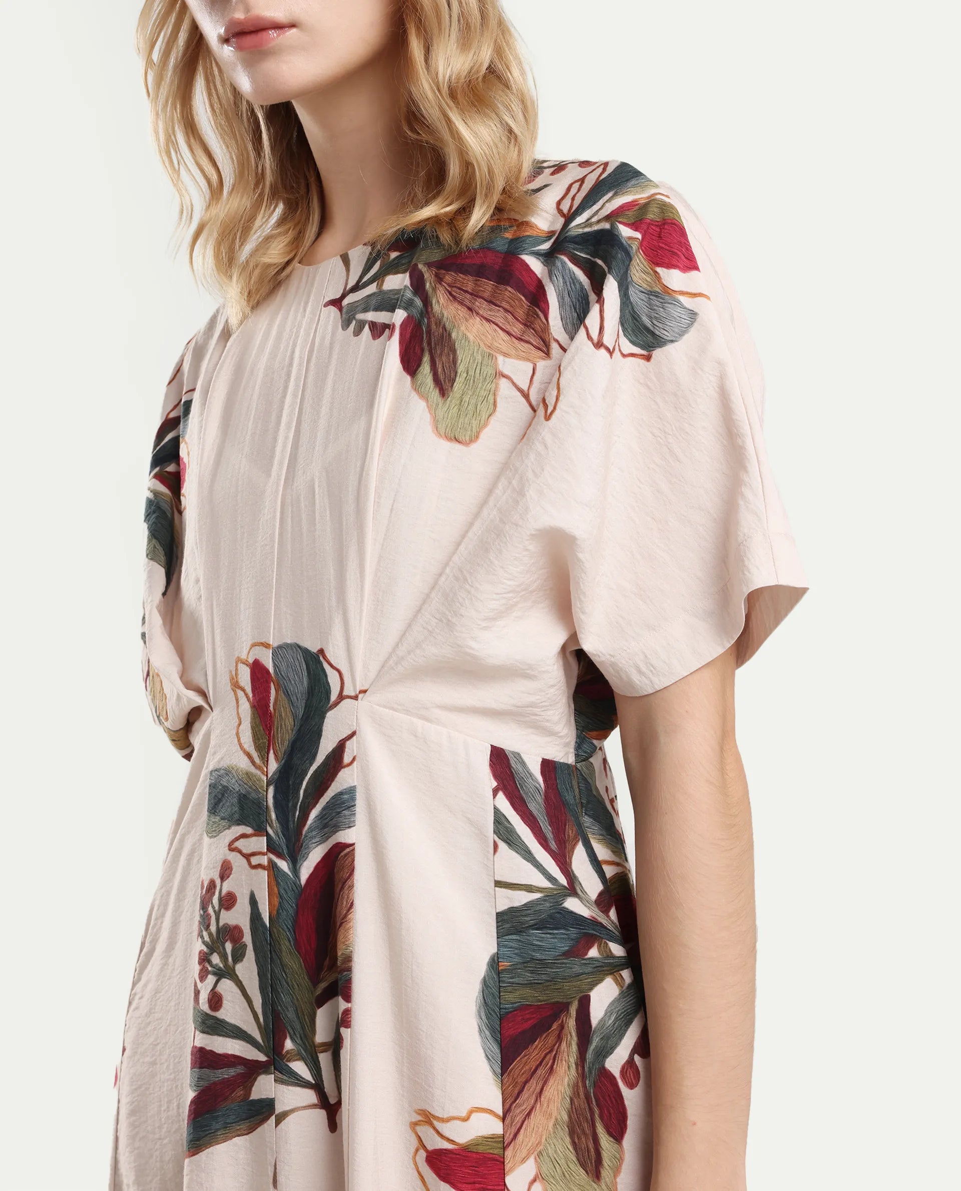 Rareism Women's Aronam Beige Viscose Blend Half Sleeve Crew Neck Flared Dress