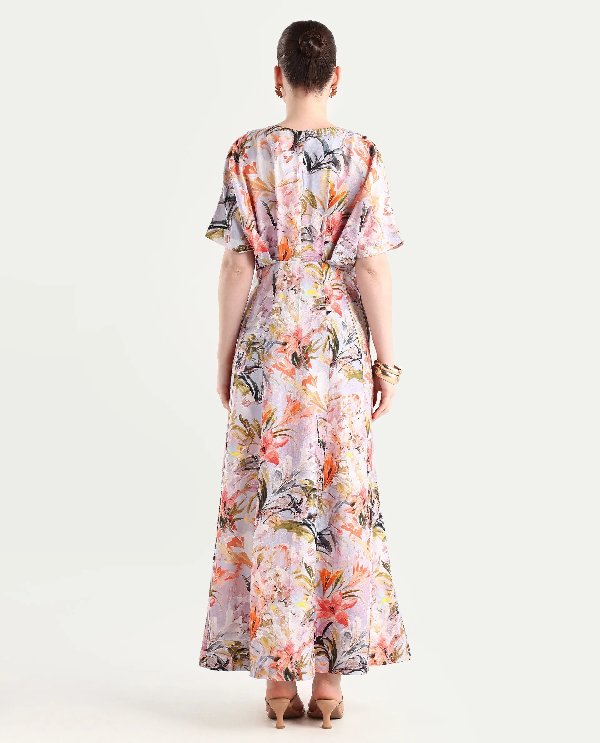 Rareism Women's Arona Multi Viscose Blend Half Sleeve Crew Neck Flared Dress