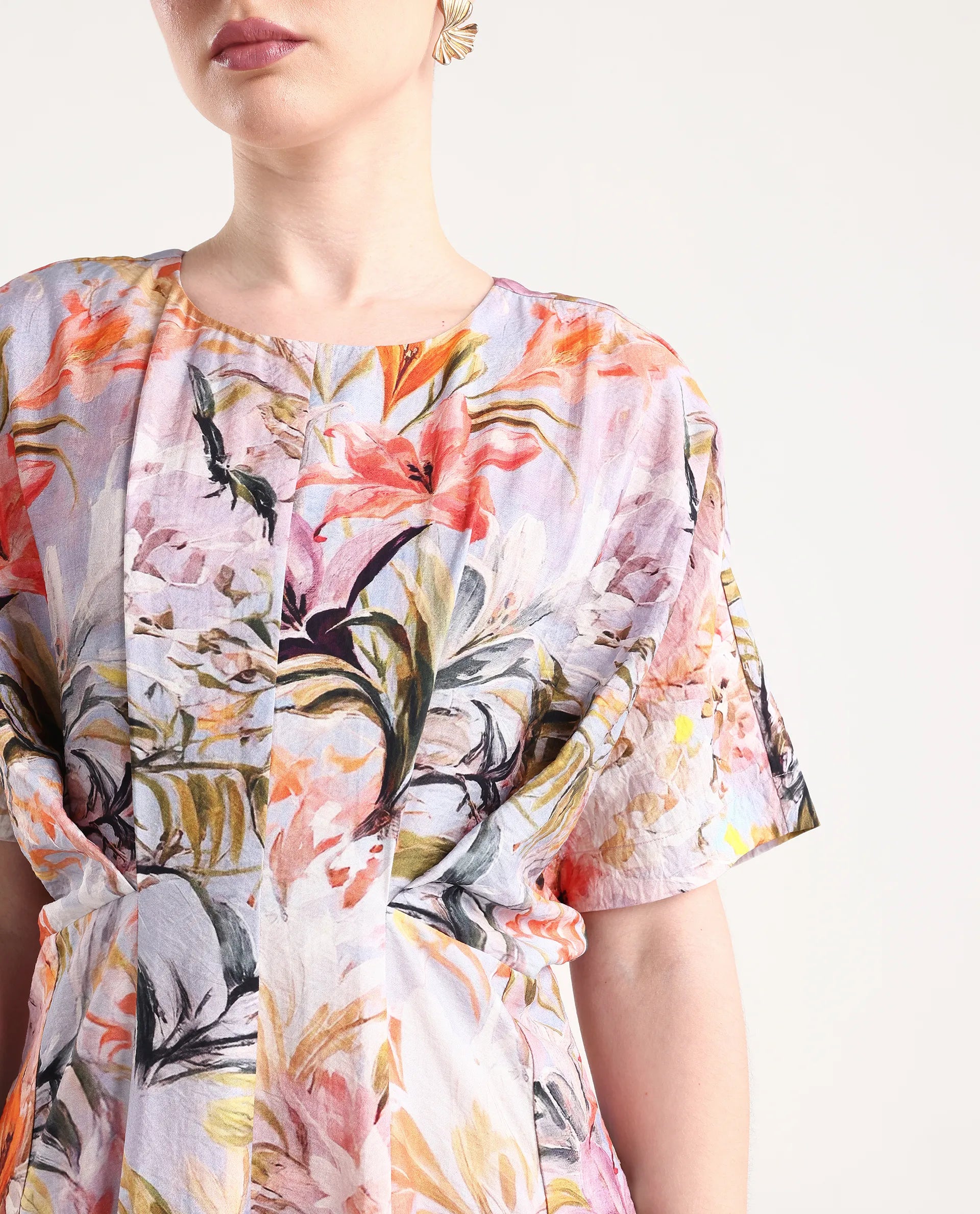 Rareism Women's Arona Multi Viscose Blend Half Sleeve Crew Neck Flared Dress