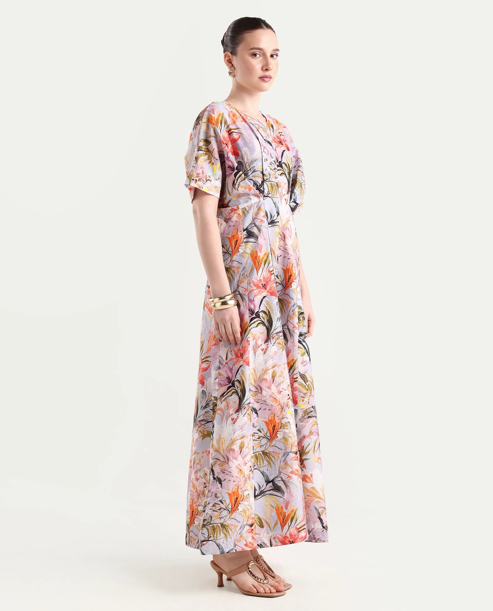 Rareism Women's Arona Multi Viscose Blend Half Sleeve Crew Neck Flared Dress