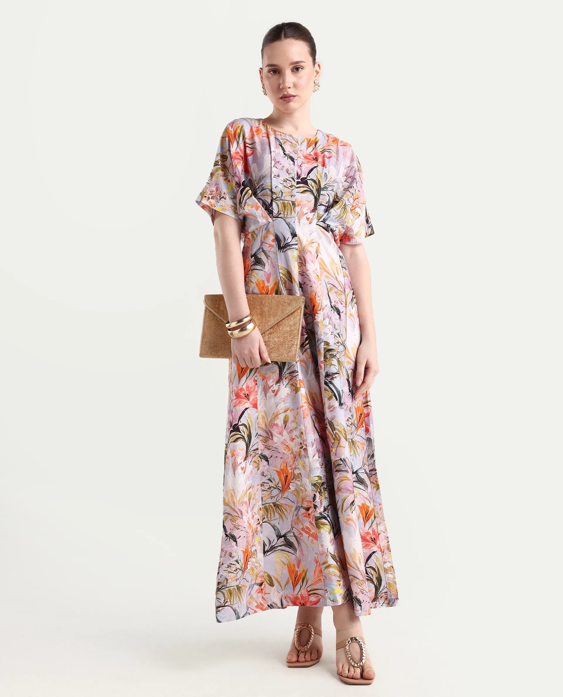 Rareism Women's Arona Multi Viscose Blend Half Sleeve Crew Neck Flared Dress