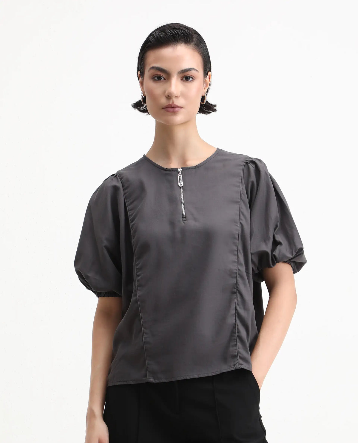 Rareism Women's Artemis Grey Cotton Blend Crew Neck Plain Kimono Sleeve Regular Fit Top