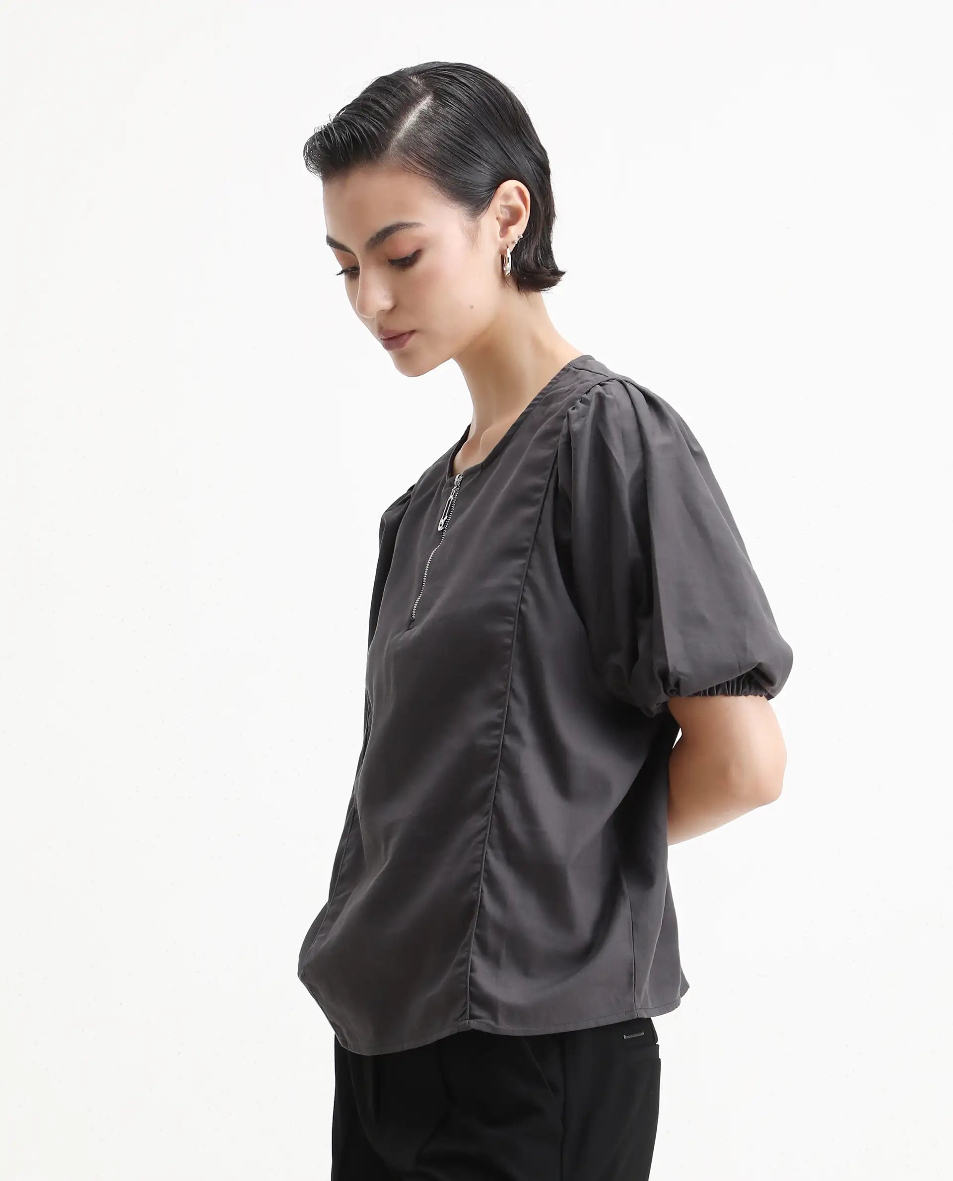 Rareism Women's Artemis Grey Cotton Blend Crew Neck Plain Kimono Sleeve Regular Fit Top