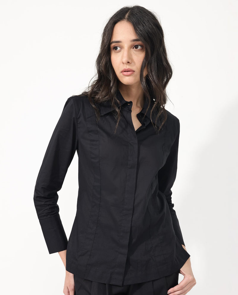 Rareism Women Arthur Black Cotton Fabric Collared Neck Solid Regular Fit Shirt