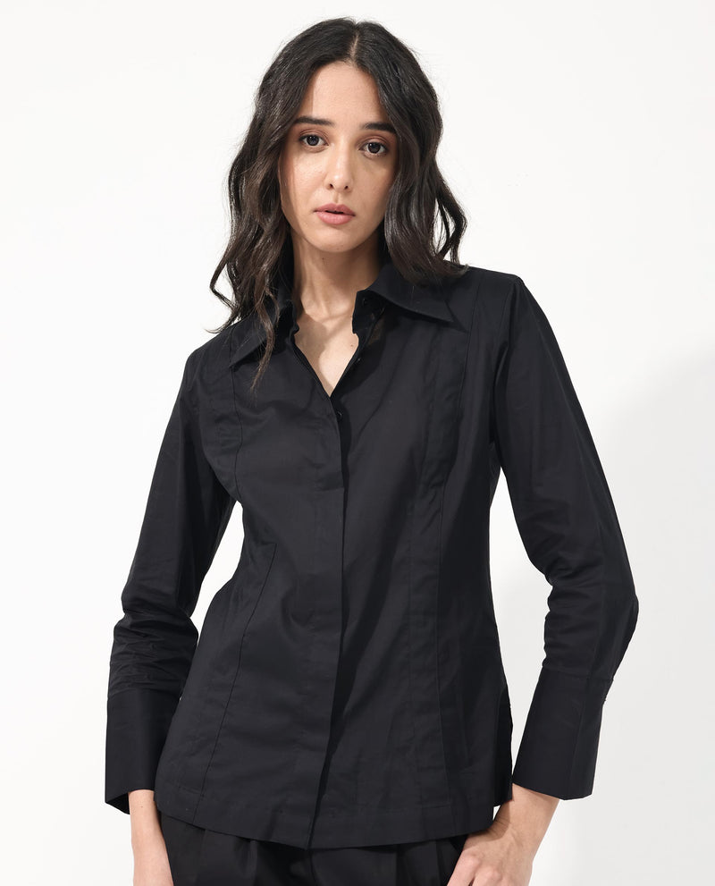 Rareism Women Arthur Black Cotton Fabric Collared Neck Solid Regular Fit Shirt