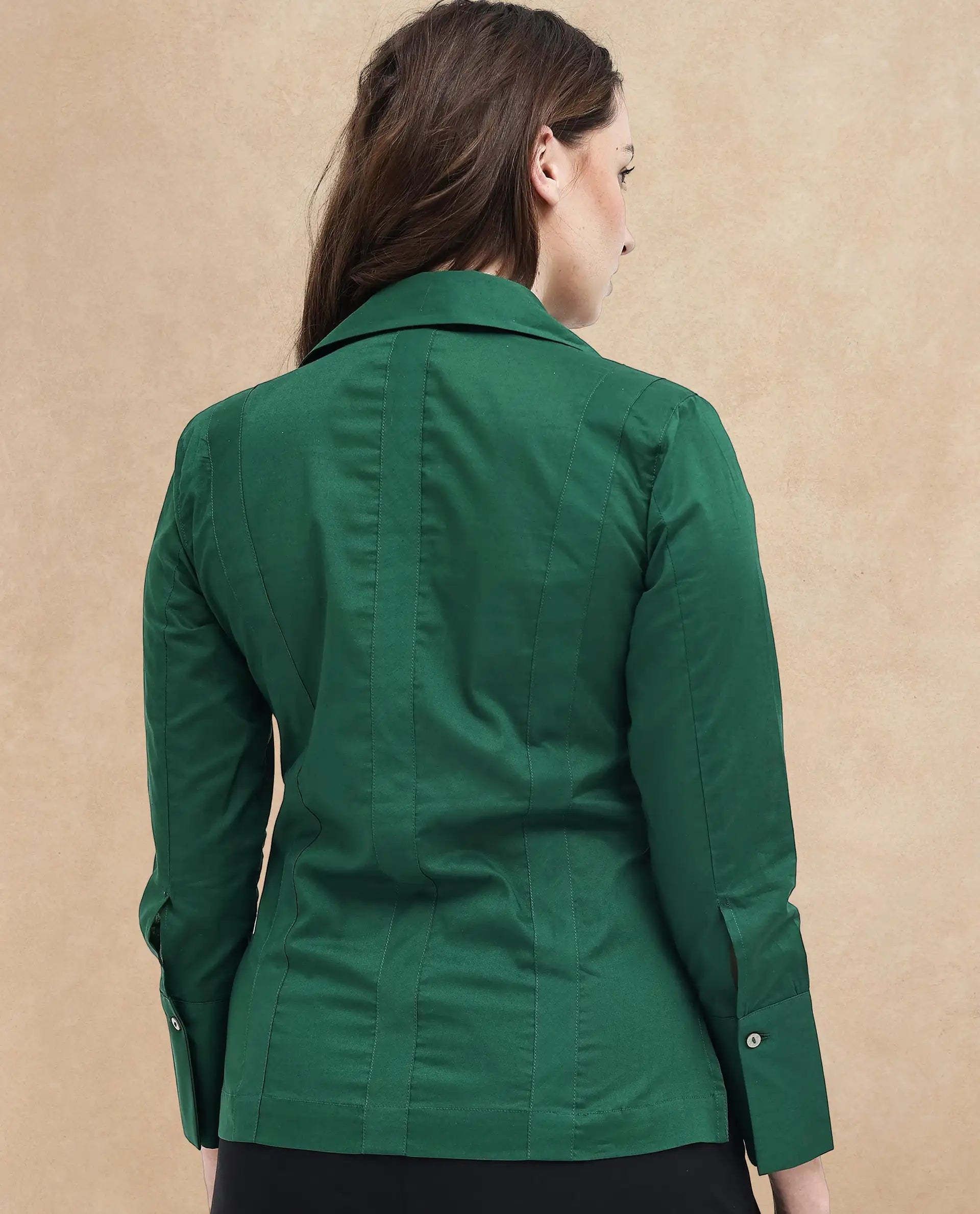 Rareism Women's Arthur Dark Green Cotton Drop Collar Plain Cuffed Sleeve Regular Fit Shirt