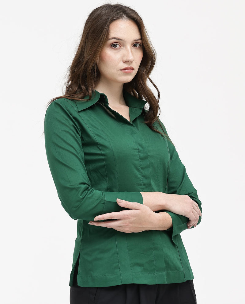 Rareism Women Arthur Dark Green Cotton Fabric Collared Neck Solid Regular Fit Shirt