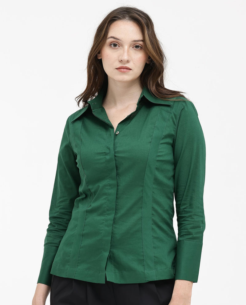 Rareism Women Arthur Dark Green Cotton Fabric Collared Neck Solid Regular Fit Shirt