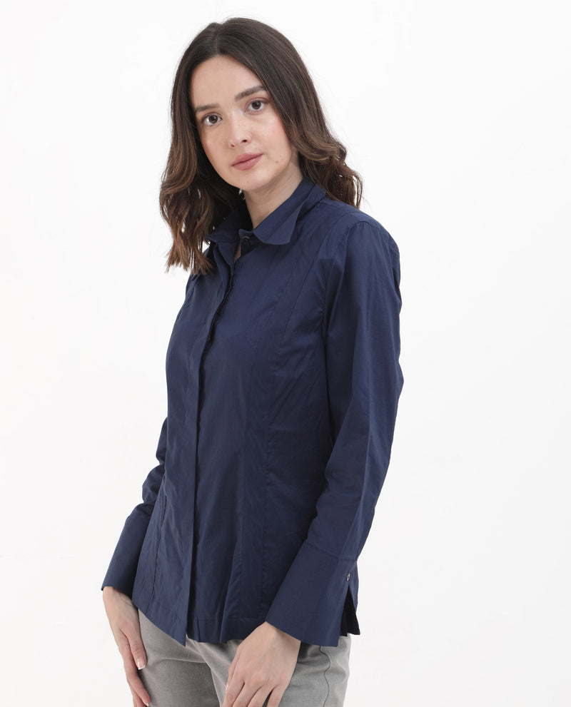 Rareism Women Arthur Navy Cotton Fabric Full Sleeves Button Closure Shirt Collar Cuffed Sleeve Regular Fit Plain Shirt