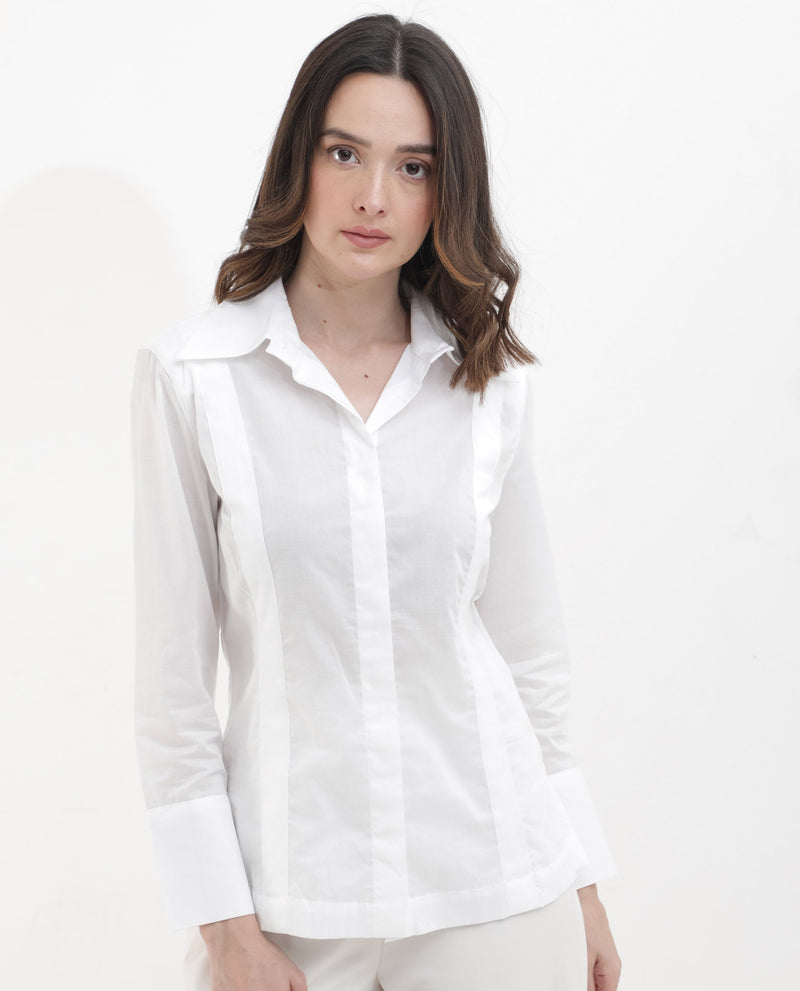 Rareism Women Arthur White Cotton Fabric Collared Neck Solid Regular Fit Shirt