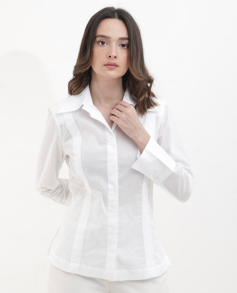 Rareism Women Arthur White Cotton Fabric Collared Neck Solid Regular Fit Shirt