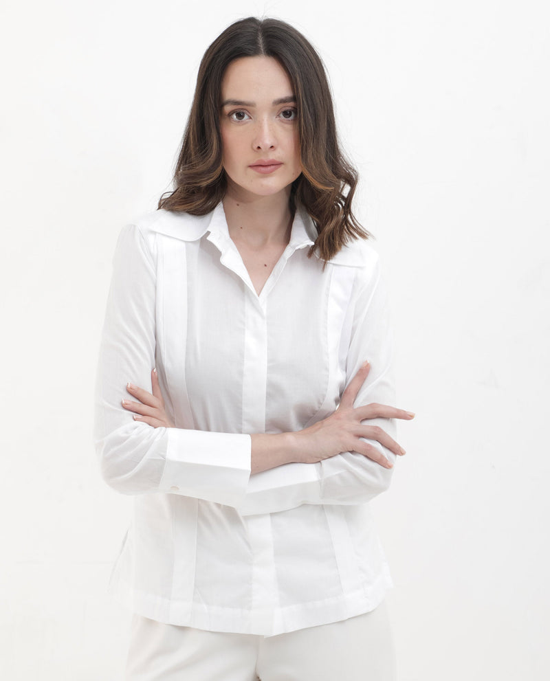 Rareism Women Arthur White Cotton Fabric Collared Neck Solid Regular Fit Shirt