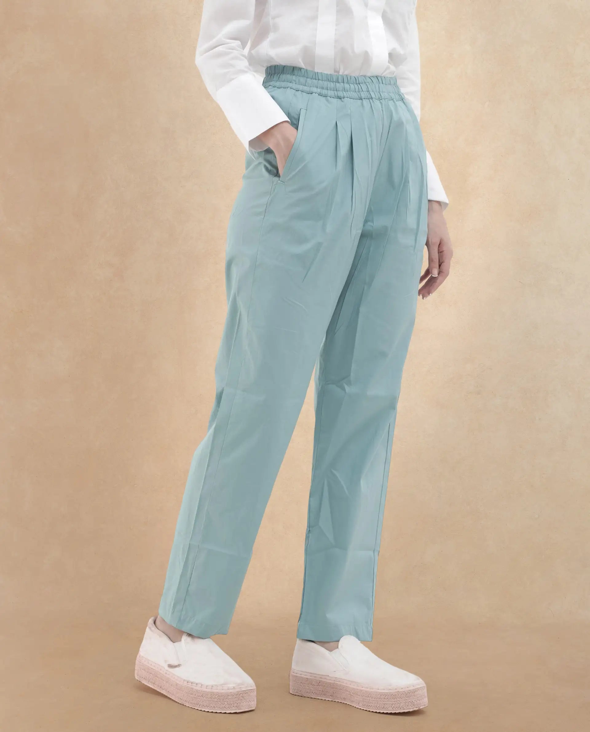 Rareism Women's Juven Dark Blue Cotton Plain Ankle Length Tapered Trouser