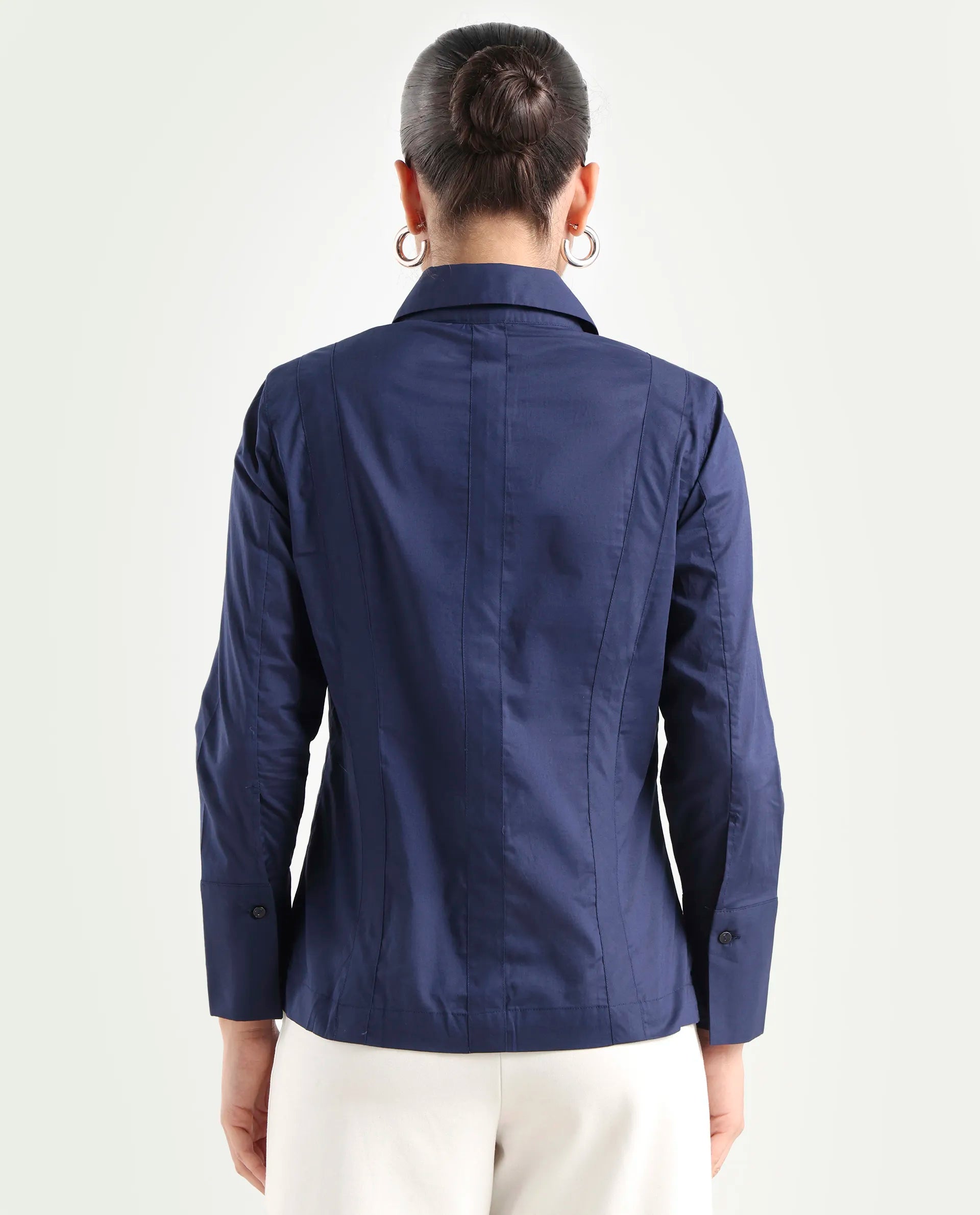 Rareism Women's Arthur Navy Cotton Drop Collar Plain Cuffed Sleeve Regular Fit Shirt