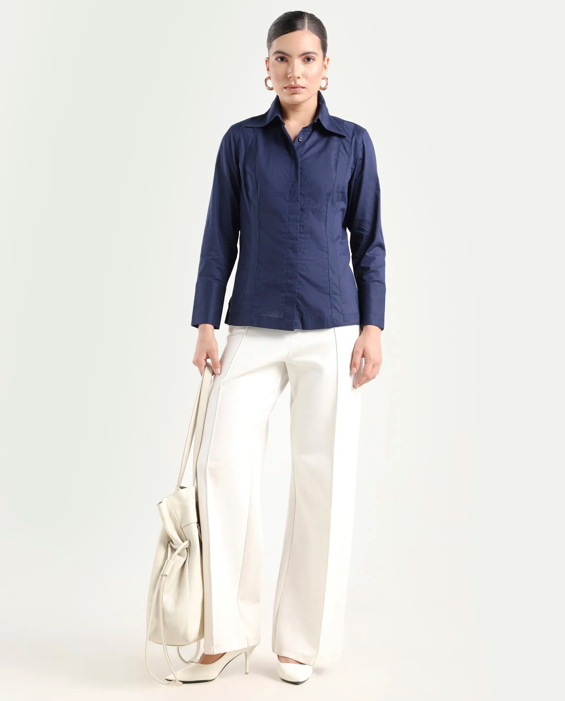 Rareism Women's Arthur Navy Cotton Drop Collar Plain Cuffed Sleeve Regular Fit Shirt