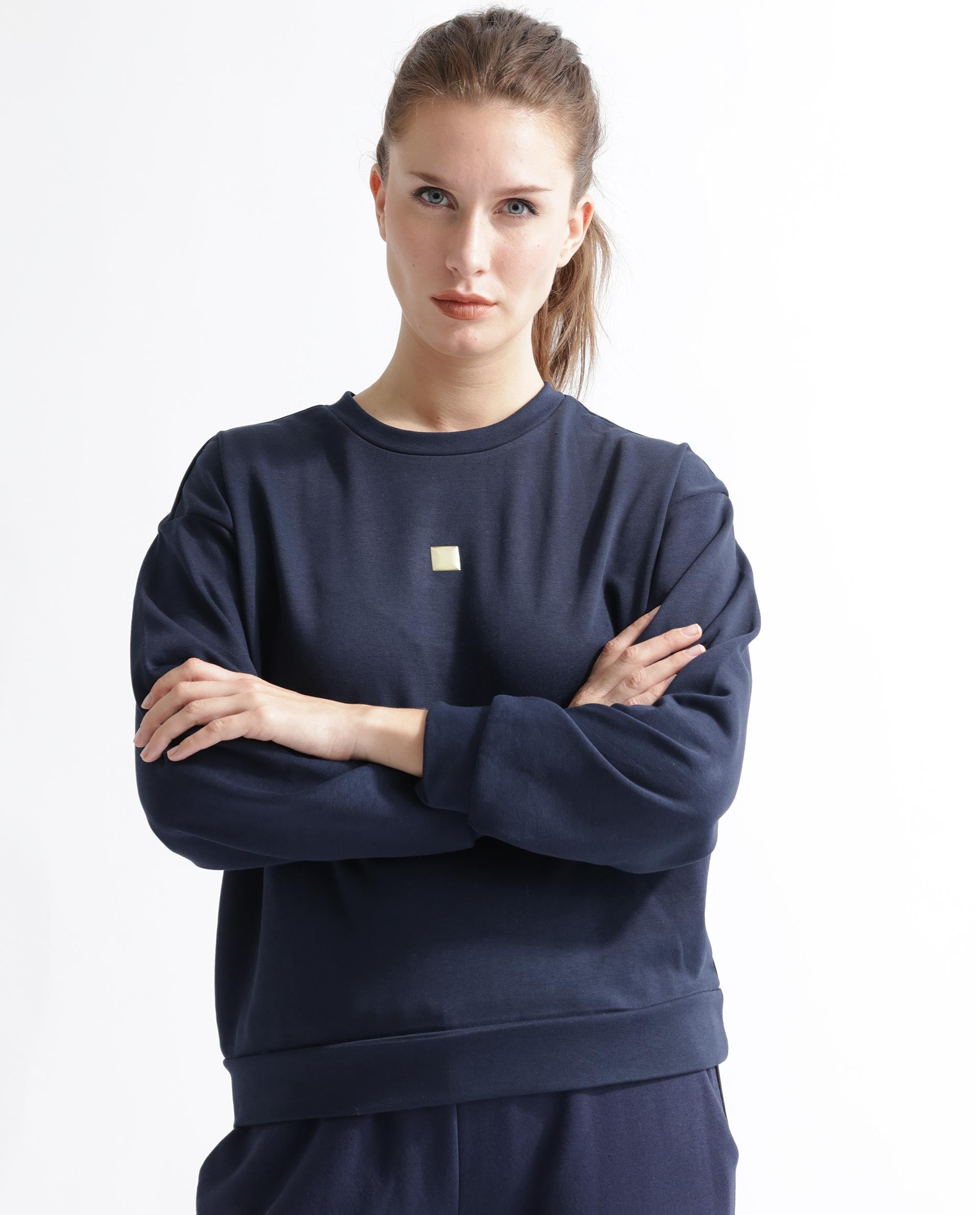 Rareism Women's Aimee Navy Polyester Blend Crew Neck Plain Boxy Fit Sweatshirt