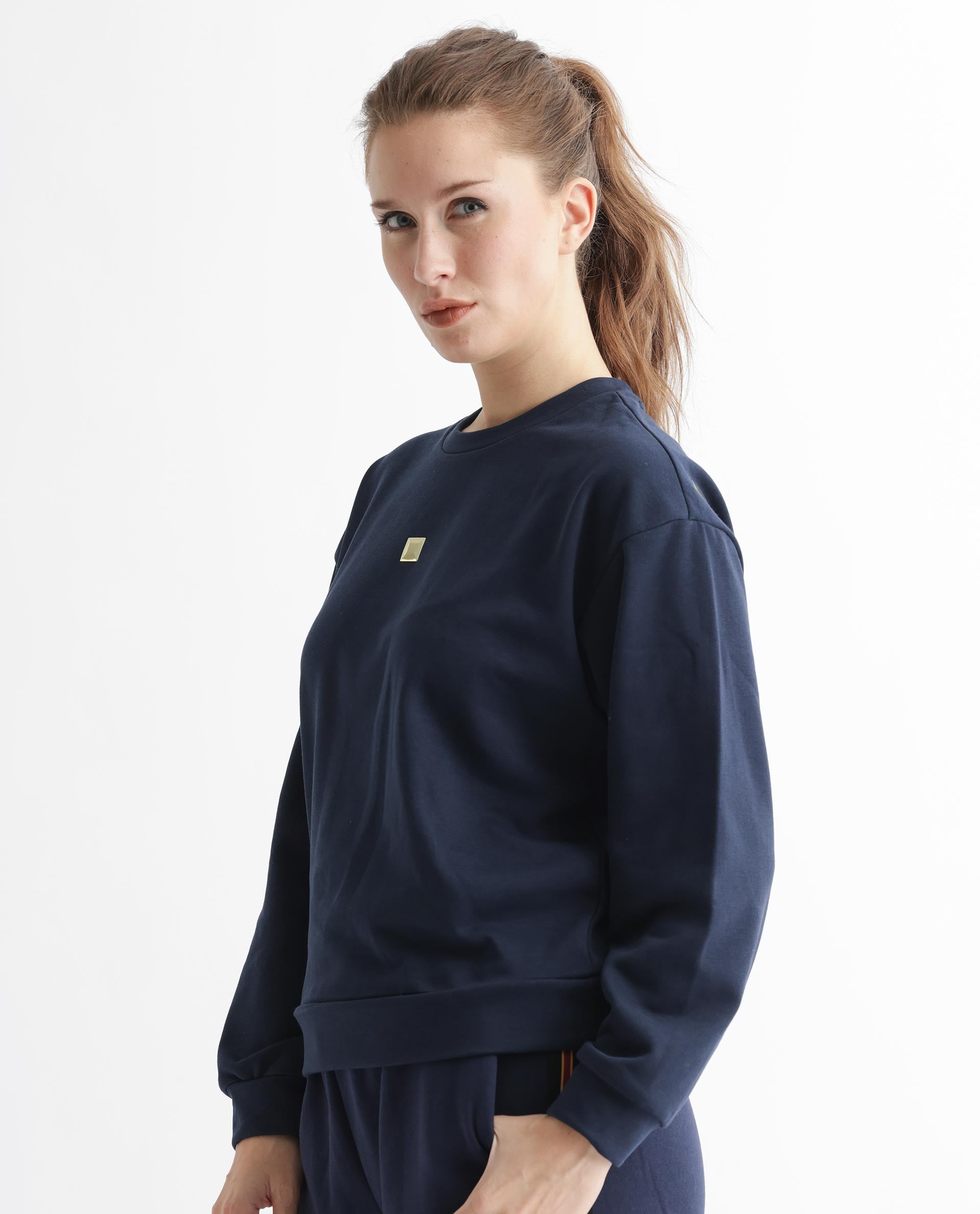 Rareism Women's Aimee Navy Polyester Blend Crew Neck Plain Boxy Fit Sweatshirt