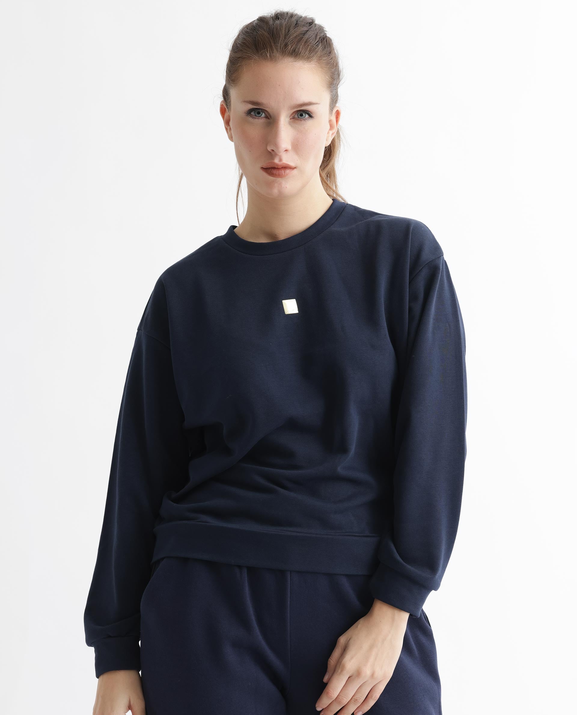 Rareism Women's Aimee Navy Polyester Blend Crew Neck Plain Boxy Fit Sweatshirt