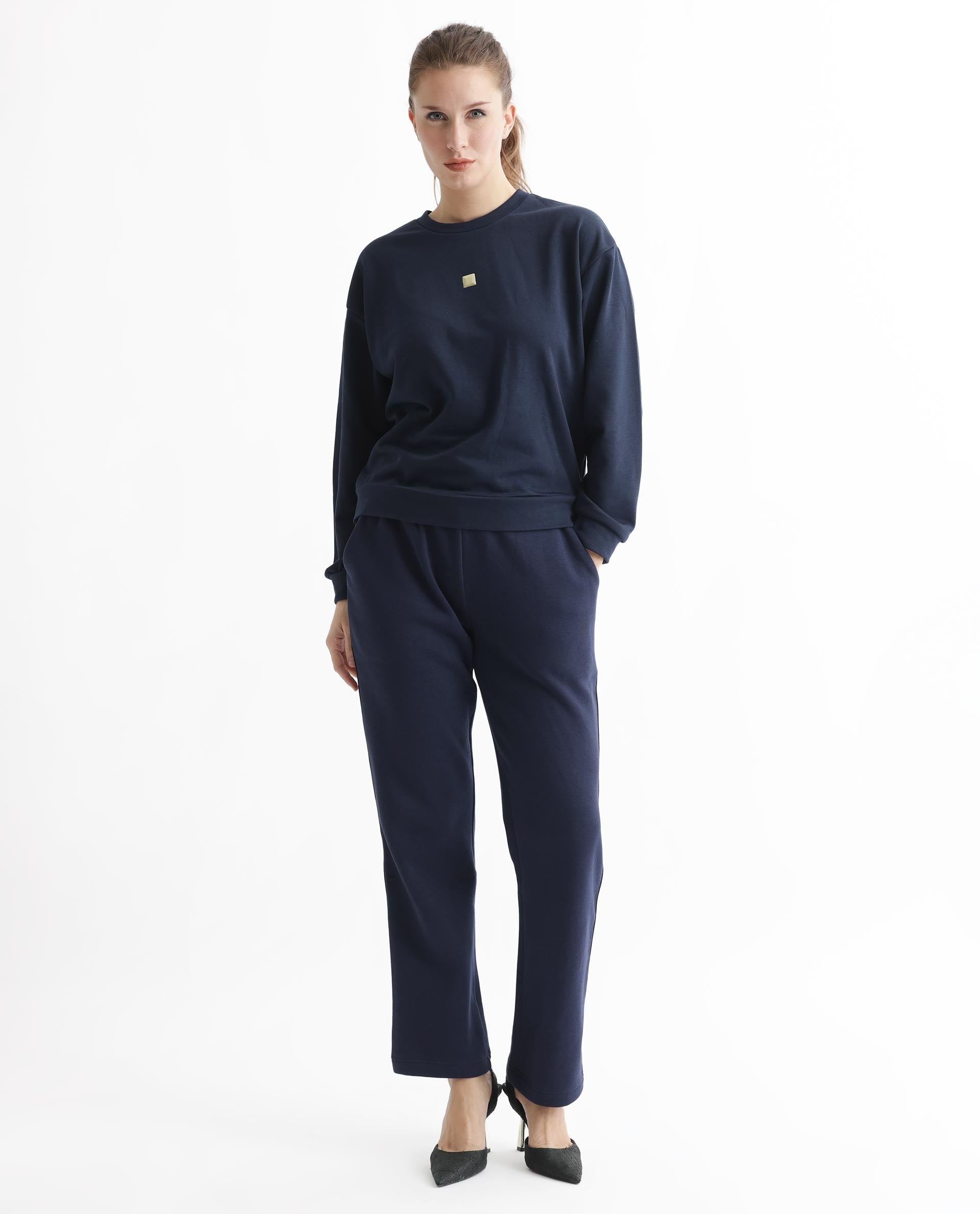 Rareism Women's Aimee Navy Polyester Blend Crew Neck Plain Boxy Fit Sweatshirt