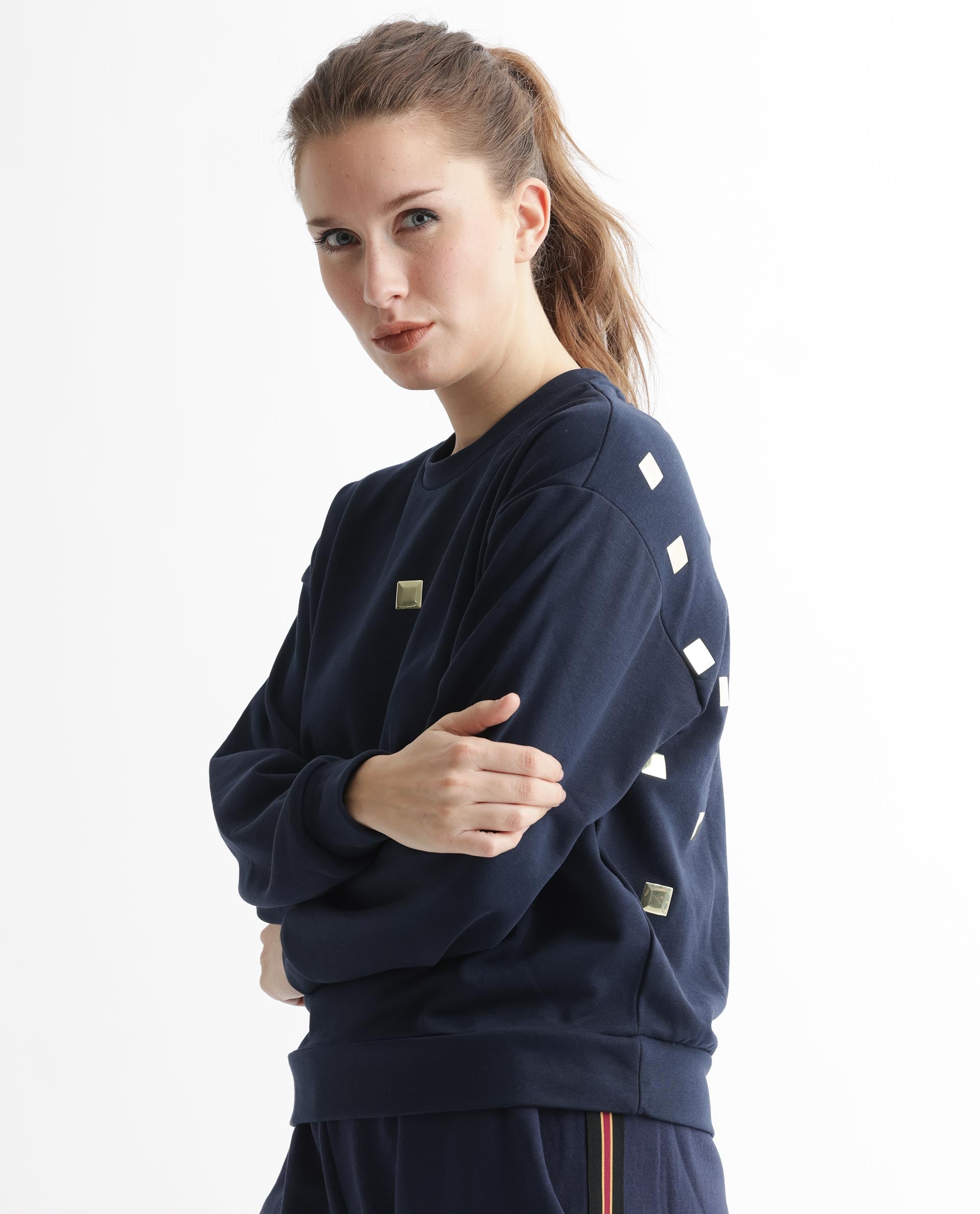 Rareism Women's Aimee Navy Polyester Blend Crew Neck Plain Boxy Fit Sweatshirt