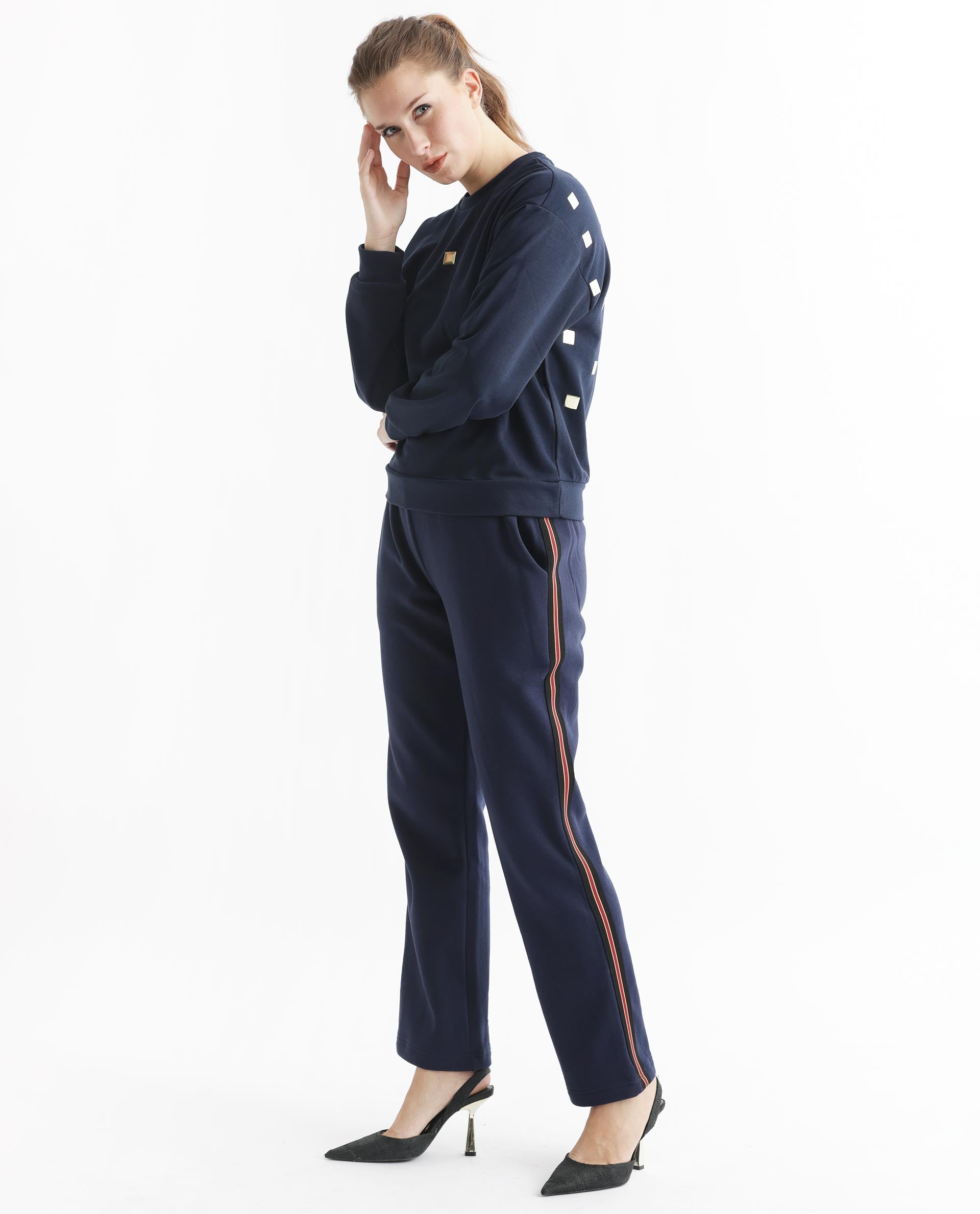 Rareism Women's Aimee Navy Polyester Blend Crew Neck Plain Boxy Fit Sweatshirt