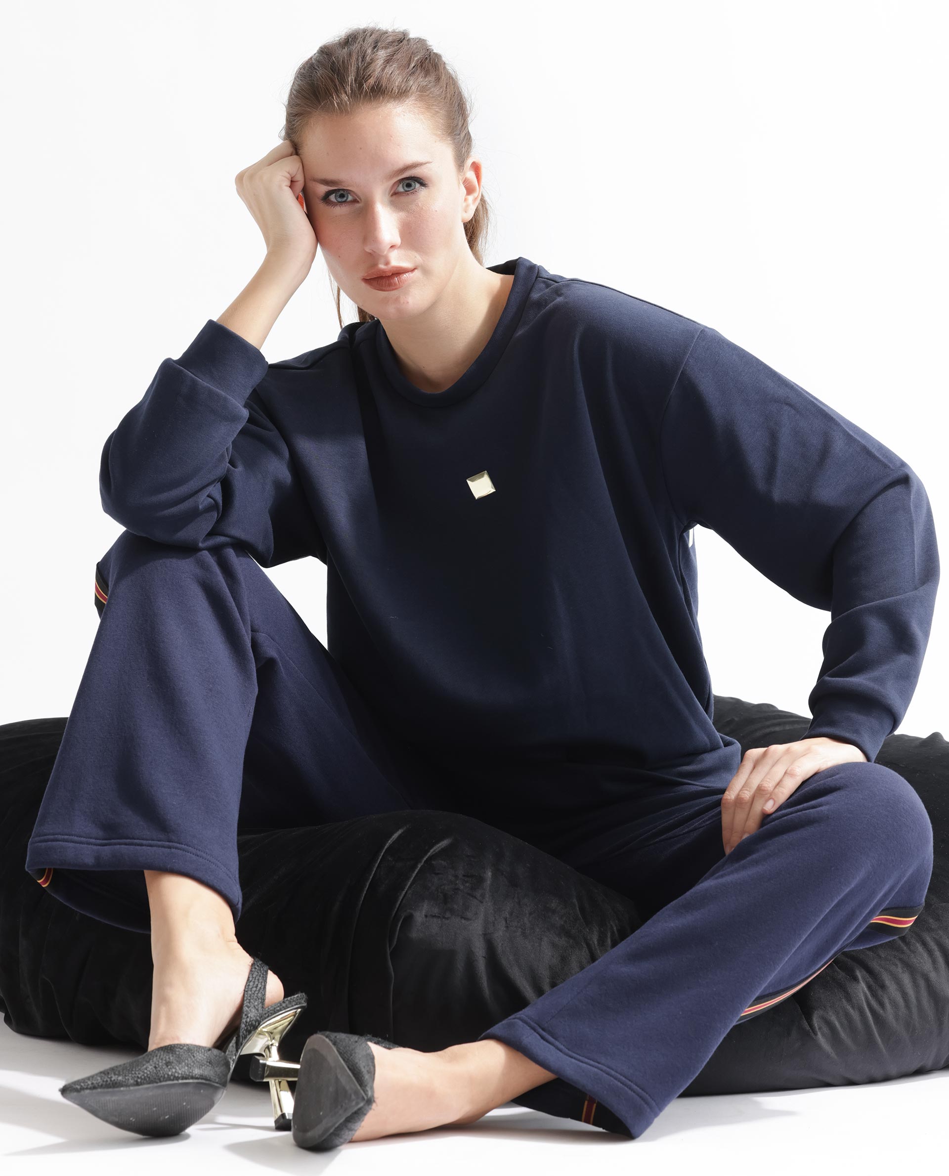 Rareism Women's Aimee Navy Polyester Blend Crew Neck Plain Boxy Fit Sweatshirt