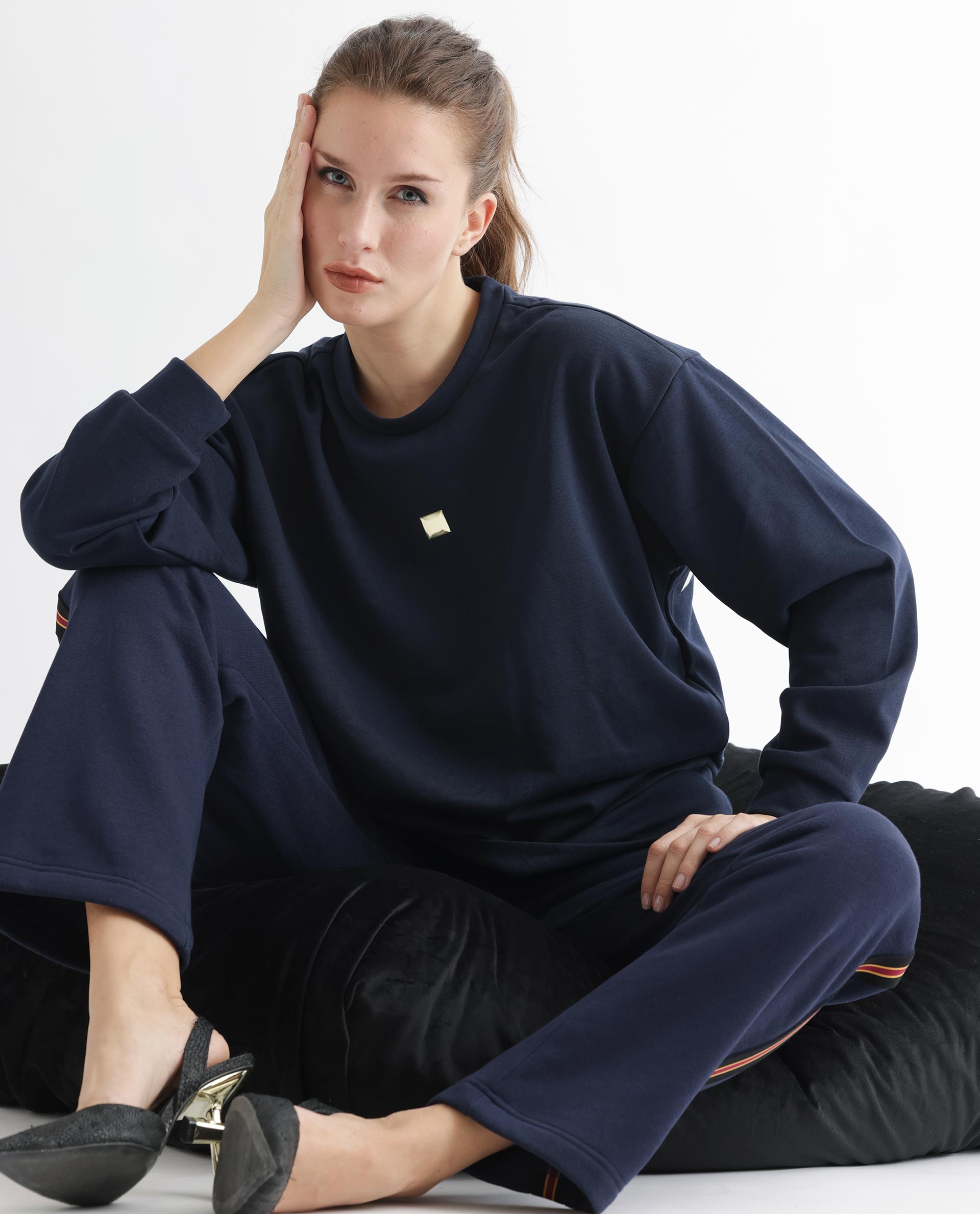 Rareism Women's Aimee Navy Polyester Blend Crew Neck Plain Boxy Fit Sweatshirt