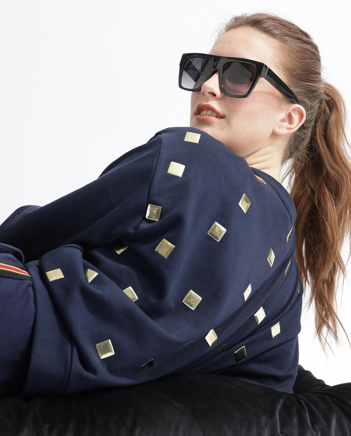 Rareism Articale Women Aimee Navy Poly Cotton Fabric Full Sleeves Crew Neck Boxy Fit Plain Sweatshirt