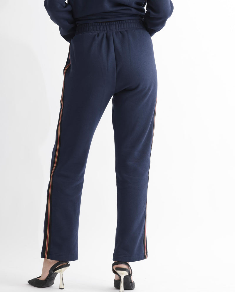 Rareism Women Fronk Navy Poly Cotton Fabric Tailored Fit Solid Mid Rise Ankle Length Track Pant