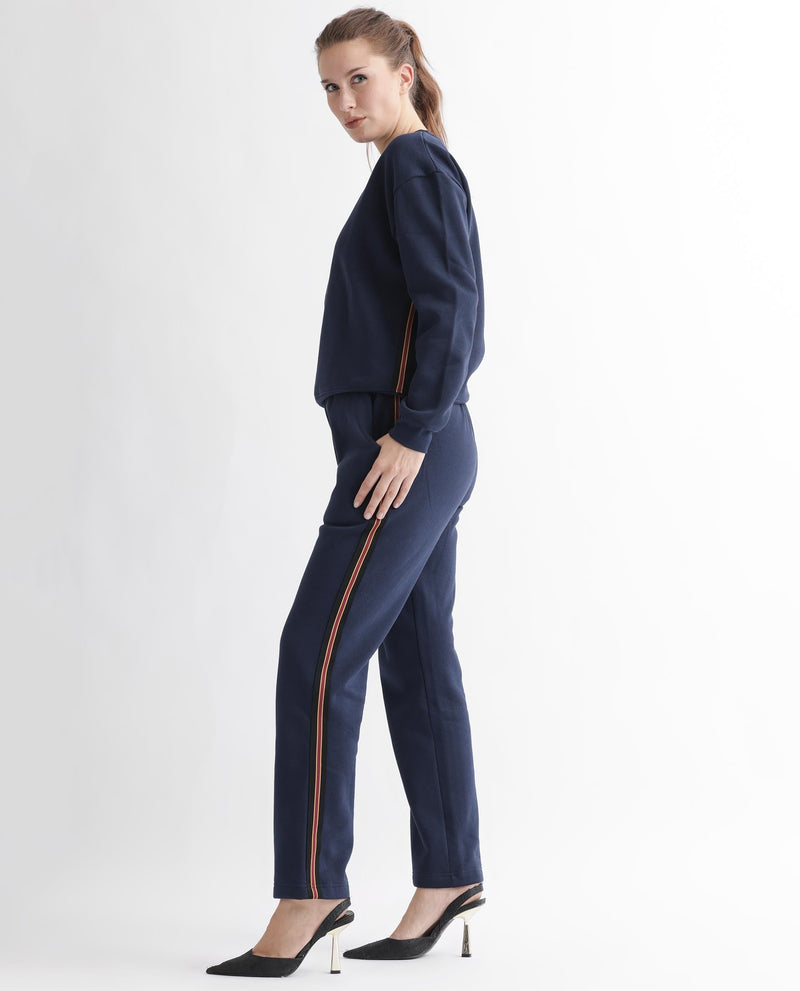 Rareism Women Fronk Navy Poly Cotton Fabric Tailored Fit Solid Mid Rise Ankle Length Track Pant