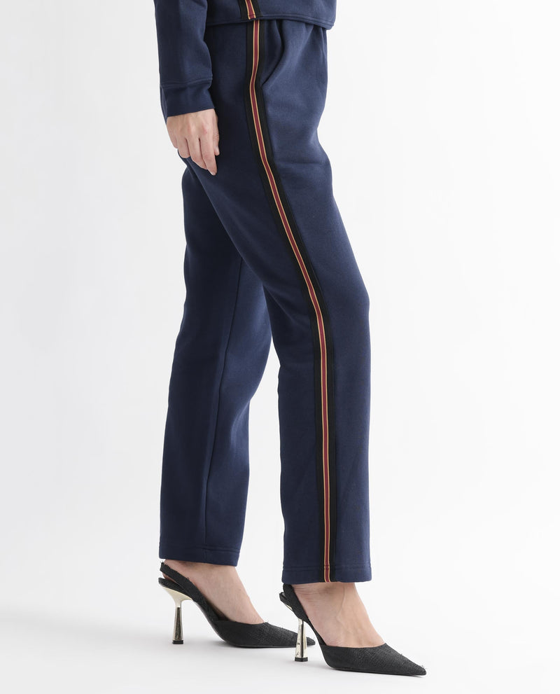 Rareism Women Fronk Navy Poly Cotton Fabric Tailored Fit Solid Mid Rise Ankle Length Track Pant