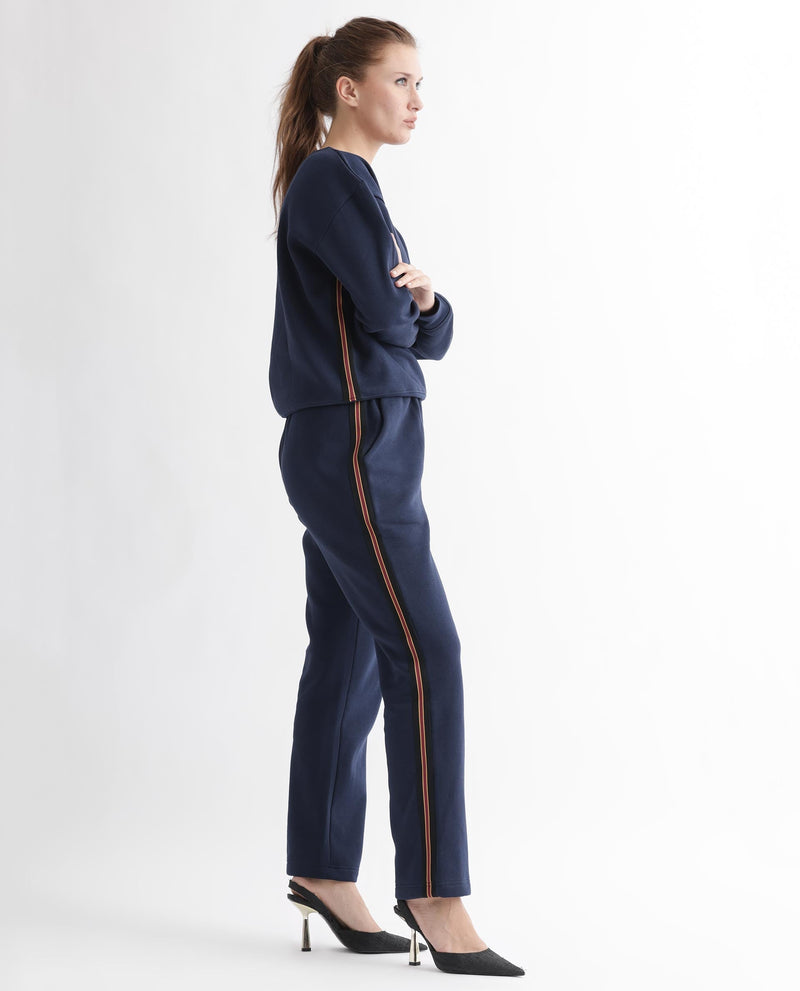 Rareism Women Fronk Navy Poly Cotton Fabric Tailored Fit Solid Mid Rise Ankle Length Track Pant