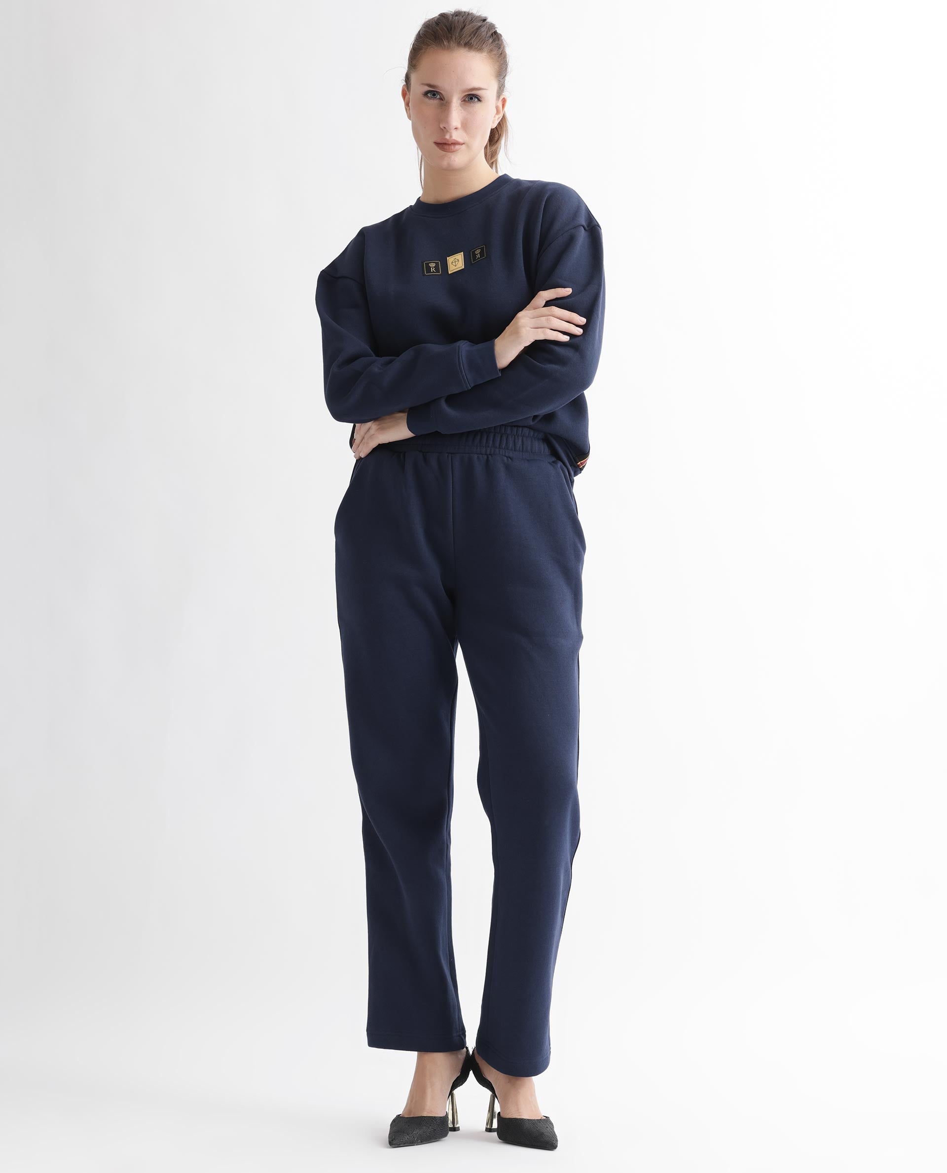 Rareism Women's Fronk Navy Polyester Blend Plain Ankle Length Tailored Track Pant