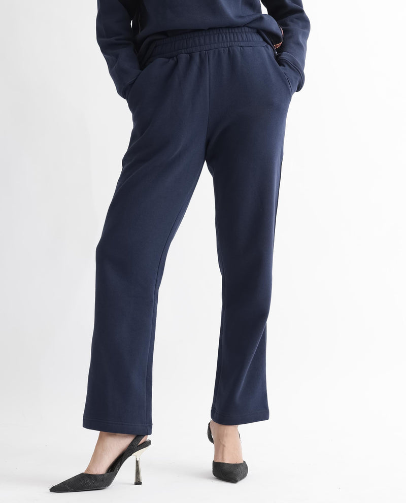 Rareism Women Fronk Navy Poly Cotton Fabric Tailored Fit Solid Mid Rise Ankle Length Track Pant