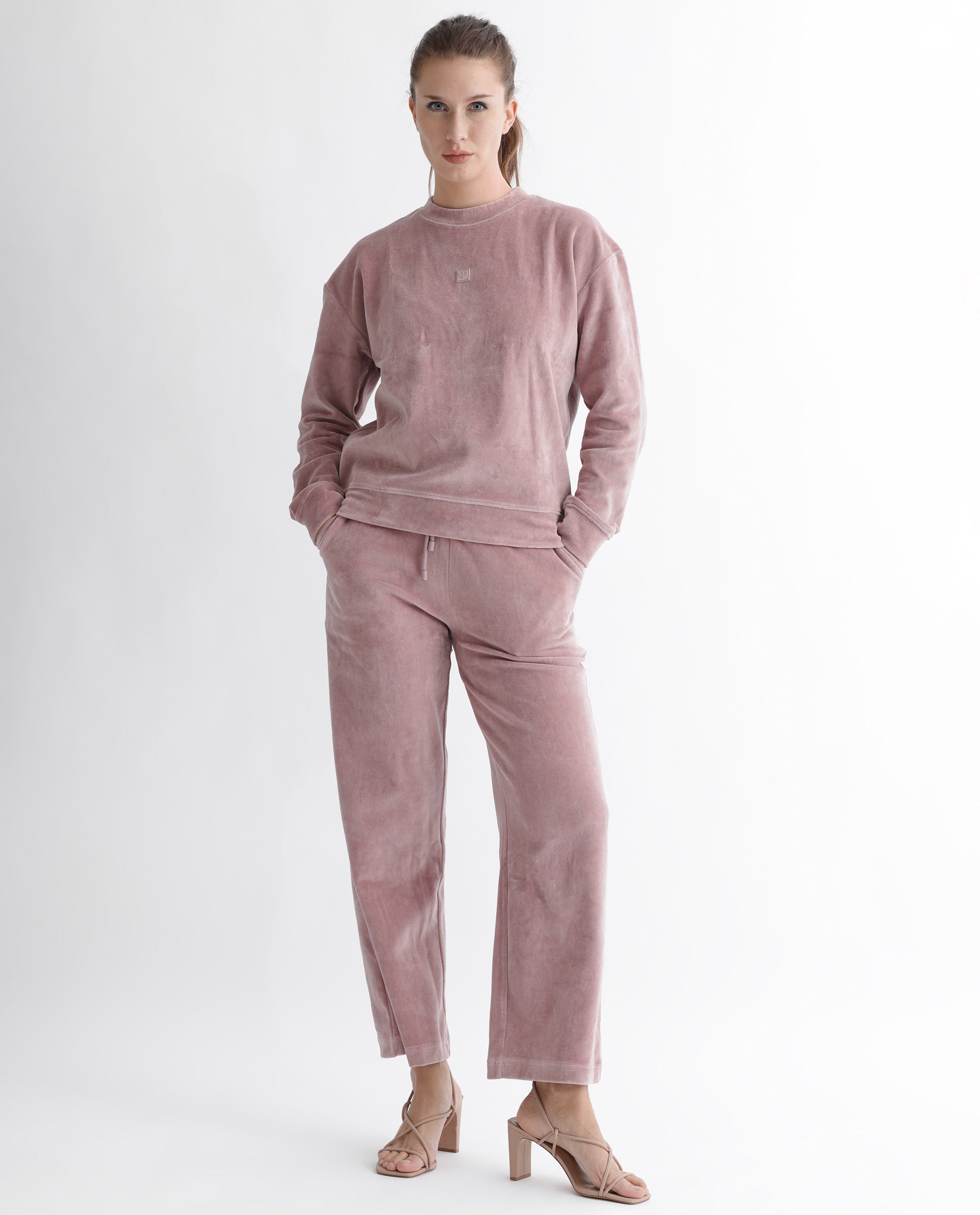 Rareism Women's Micolo Dusky Pink Cotton Blend Crew Neck Graphic Print Cuffed Sleeve Regular Fit Sweatshirt