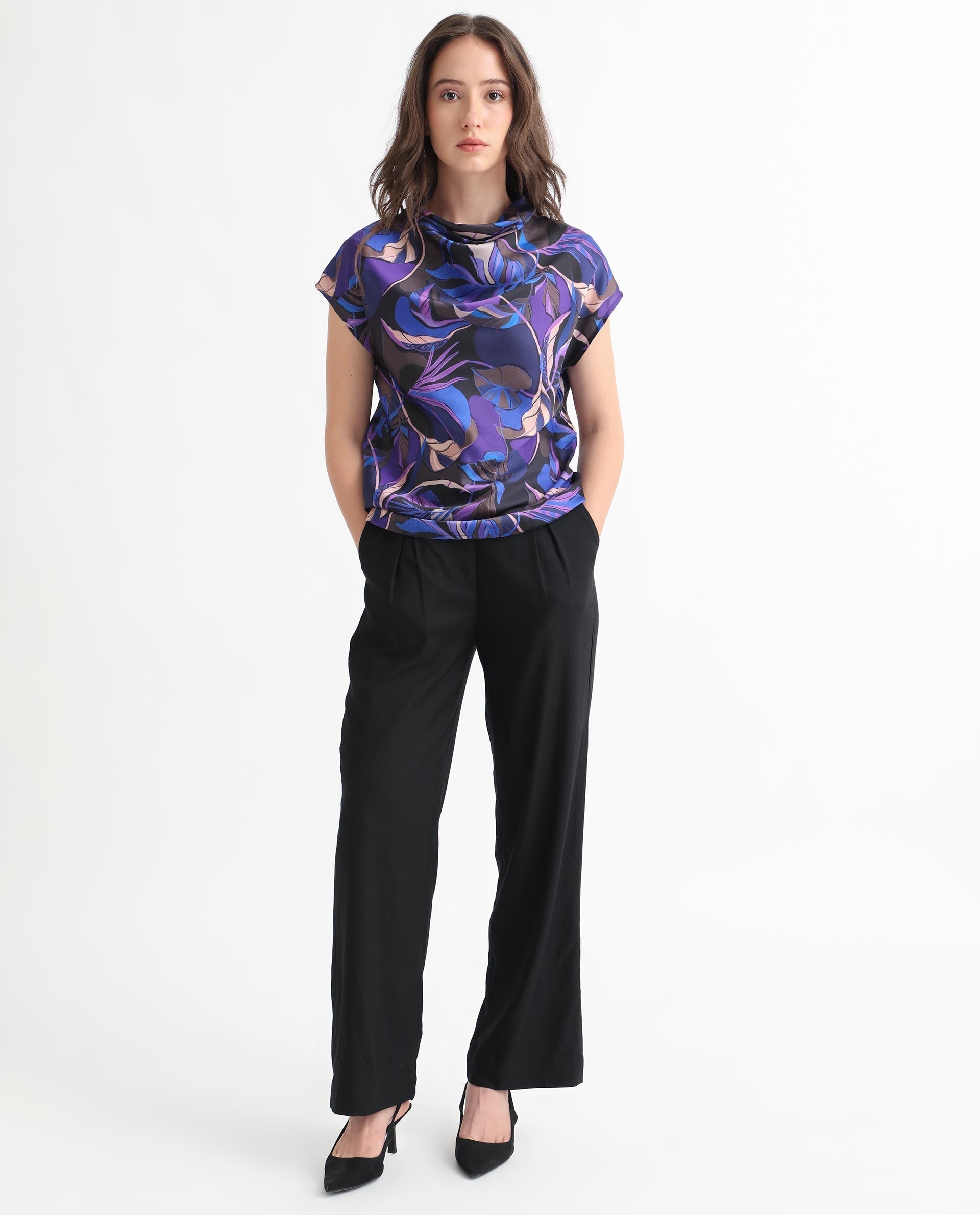 Rareism Women Arturo Dark Blue Polyester Fabric Regular Fit Cowl Neck Sleeveless Floral Print Top