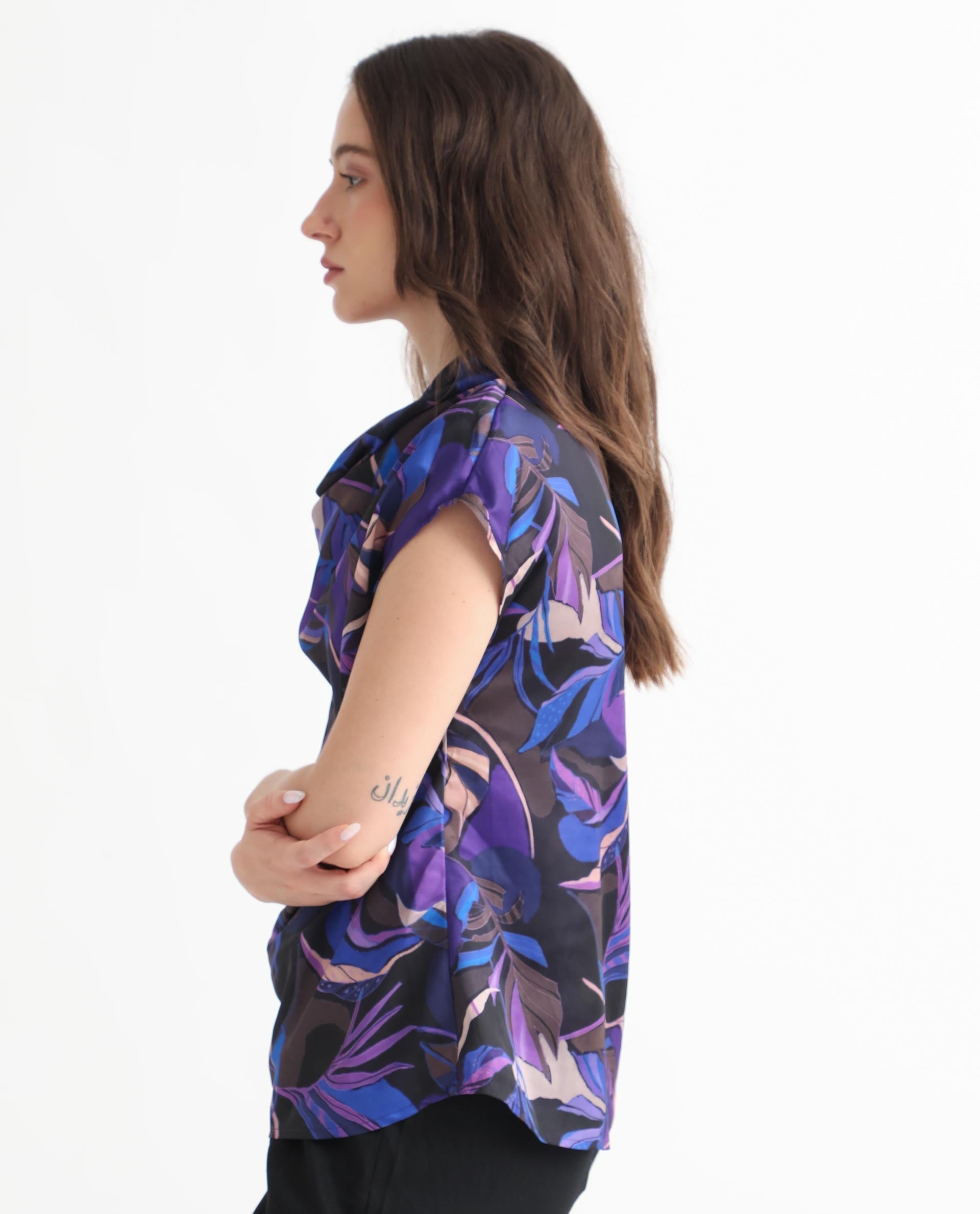 Rareism Women Arturo Dark Blue Polyester Fabric Regular Fit Cowl Neck Sleeveless Floral Print Top