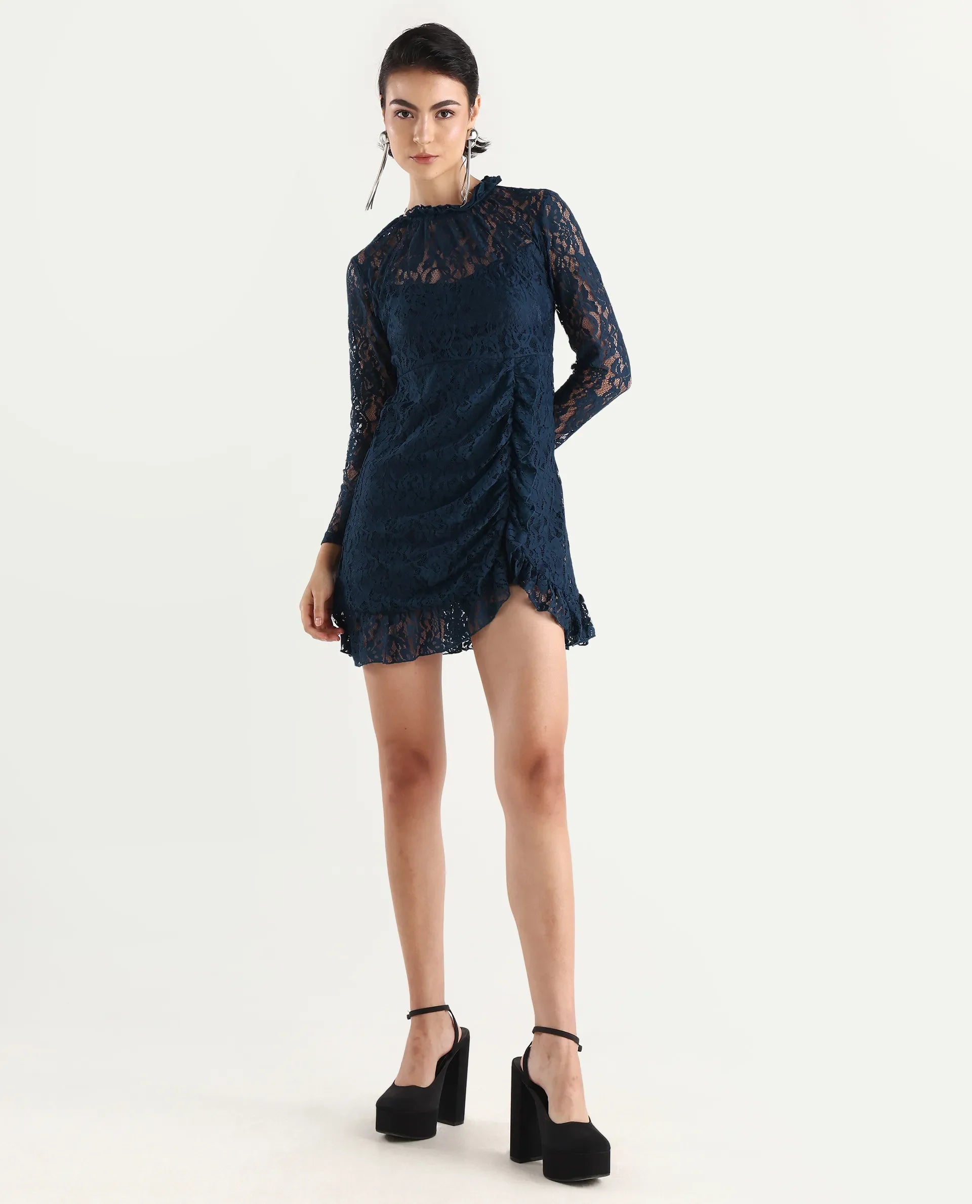 Rareism Women's Artvin Petrol Polyester Sweetheart Neck Plain Knee Length Fitted Dress