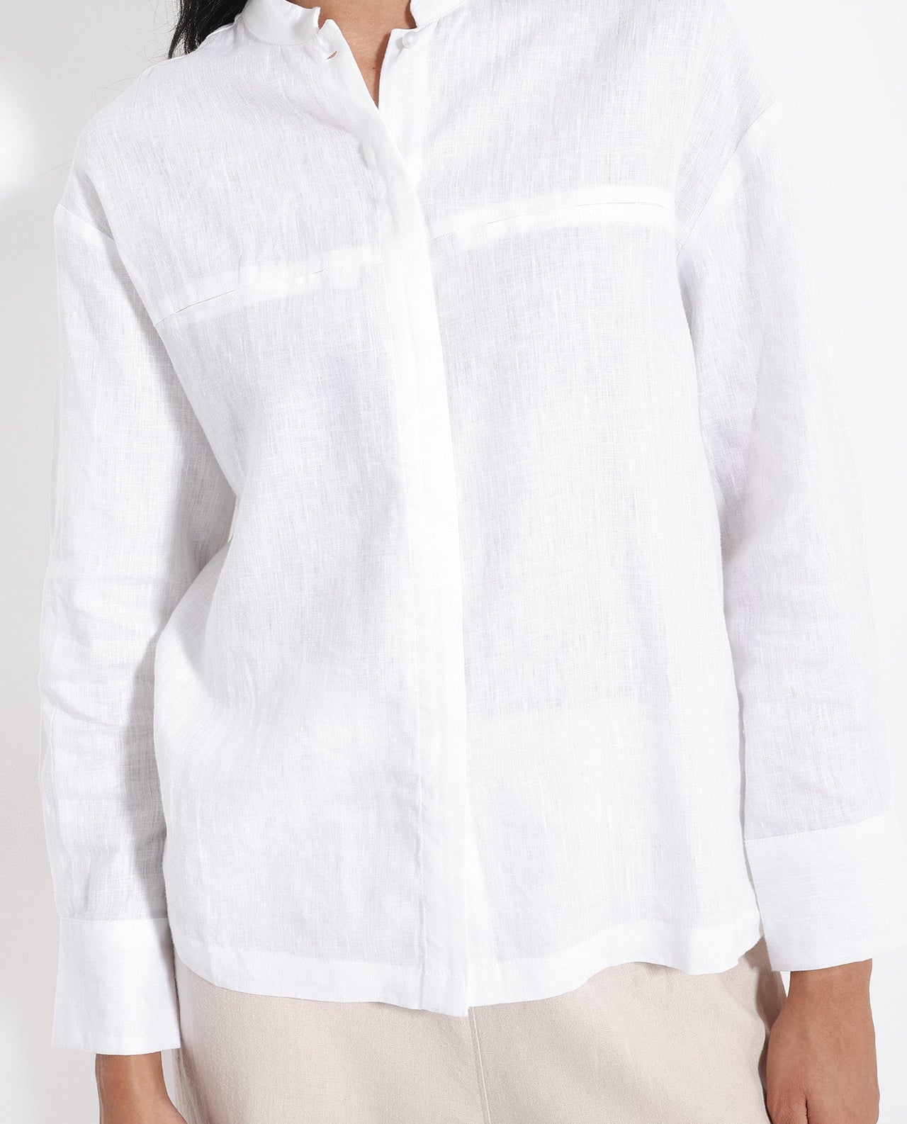 Rareism Women's Aruba White Cotton Linen Drop Collar Plain Cuffed Sleeve Regular Fit Shirt