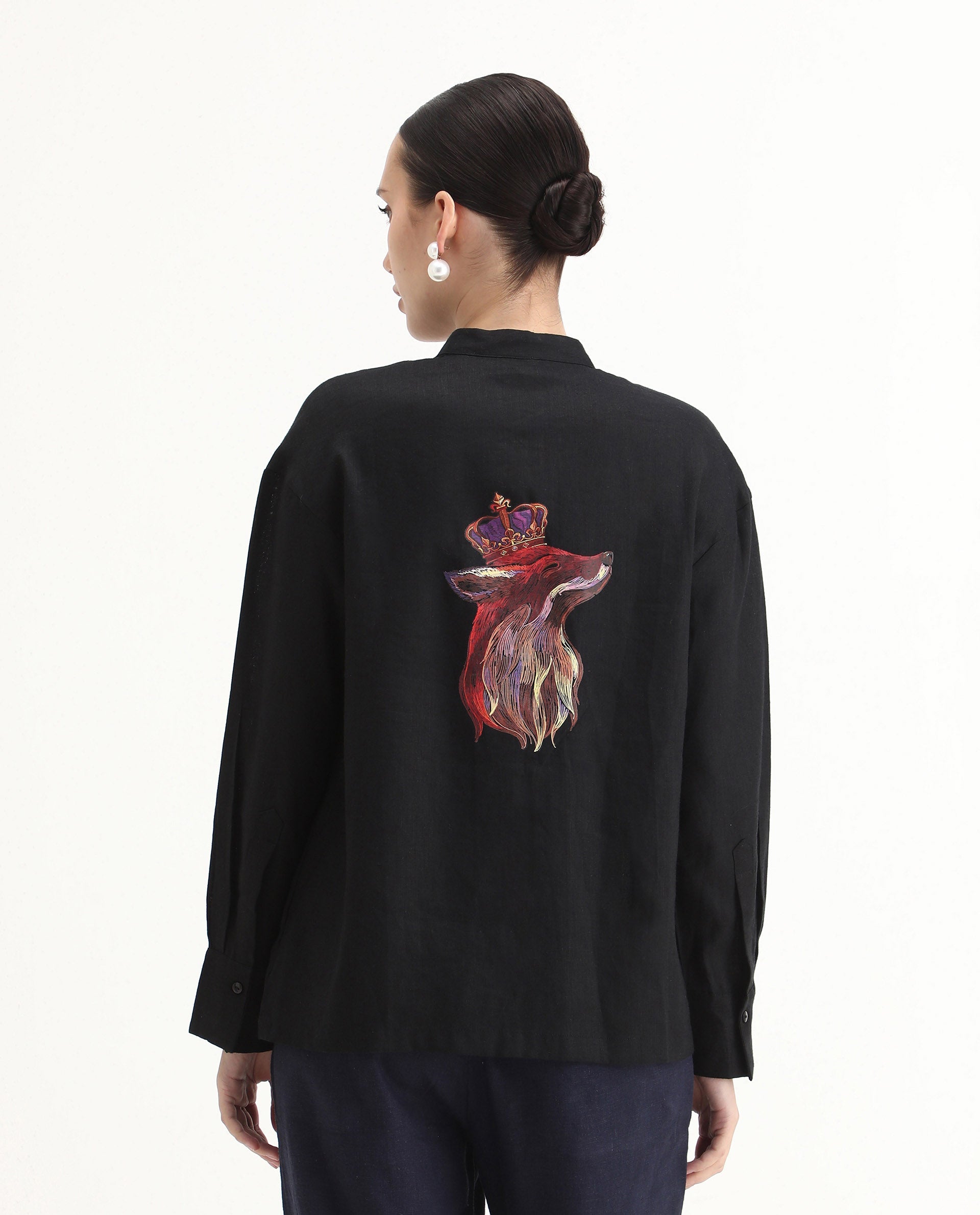 Rareism Women's Aruba Black Cotton Linen Drop Collar Plain Cuffed Sleeve Regular Fit Shirt