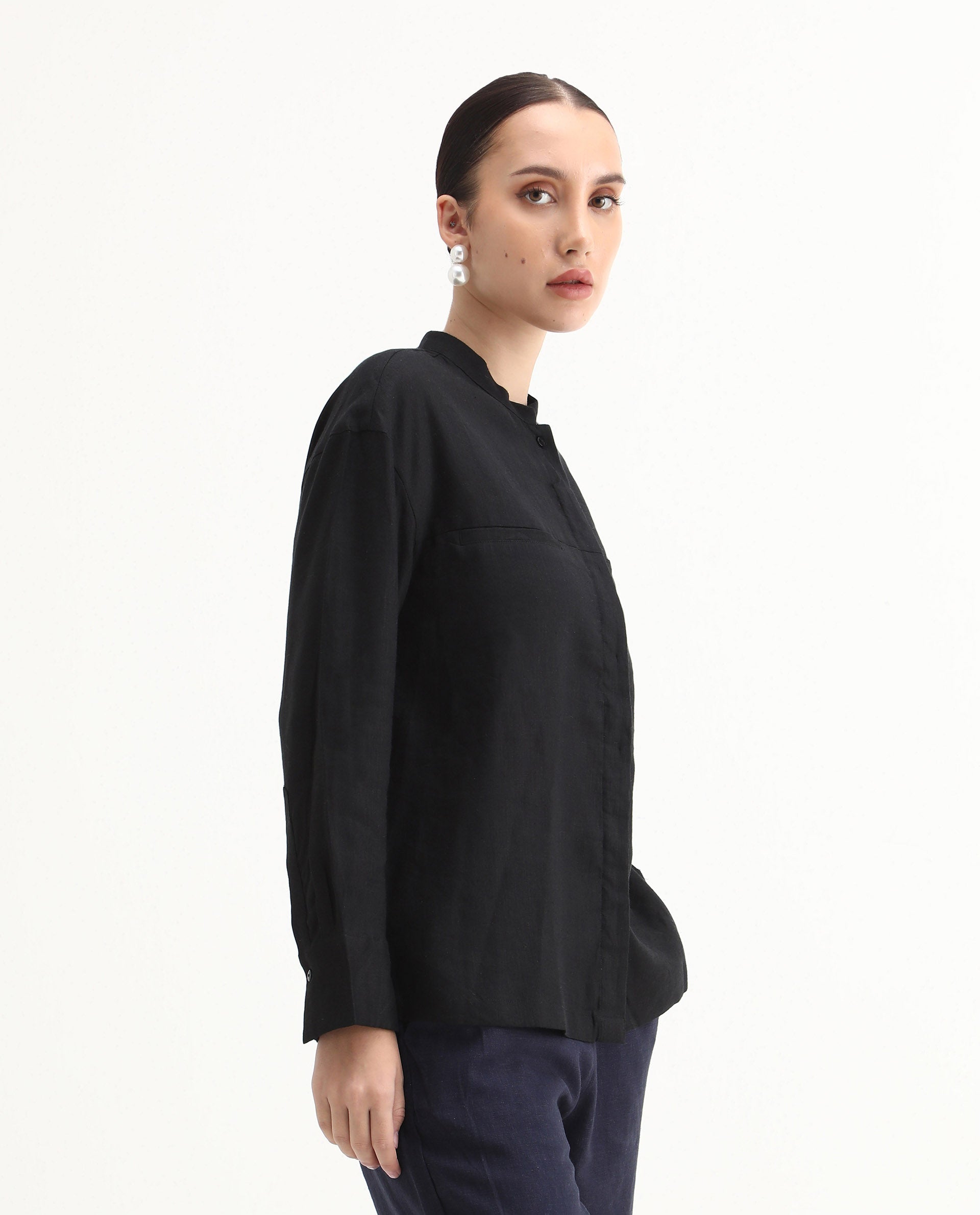 Rareism Women's Aruba Black Cotton Linen Drop Collar Plain Cuffed Sleeve Regular Fit Shirt