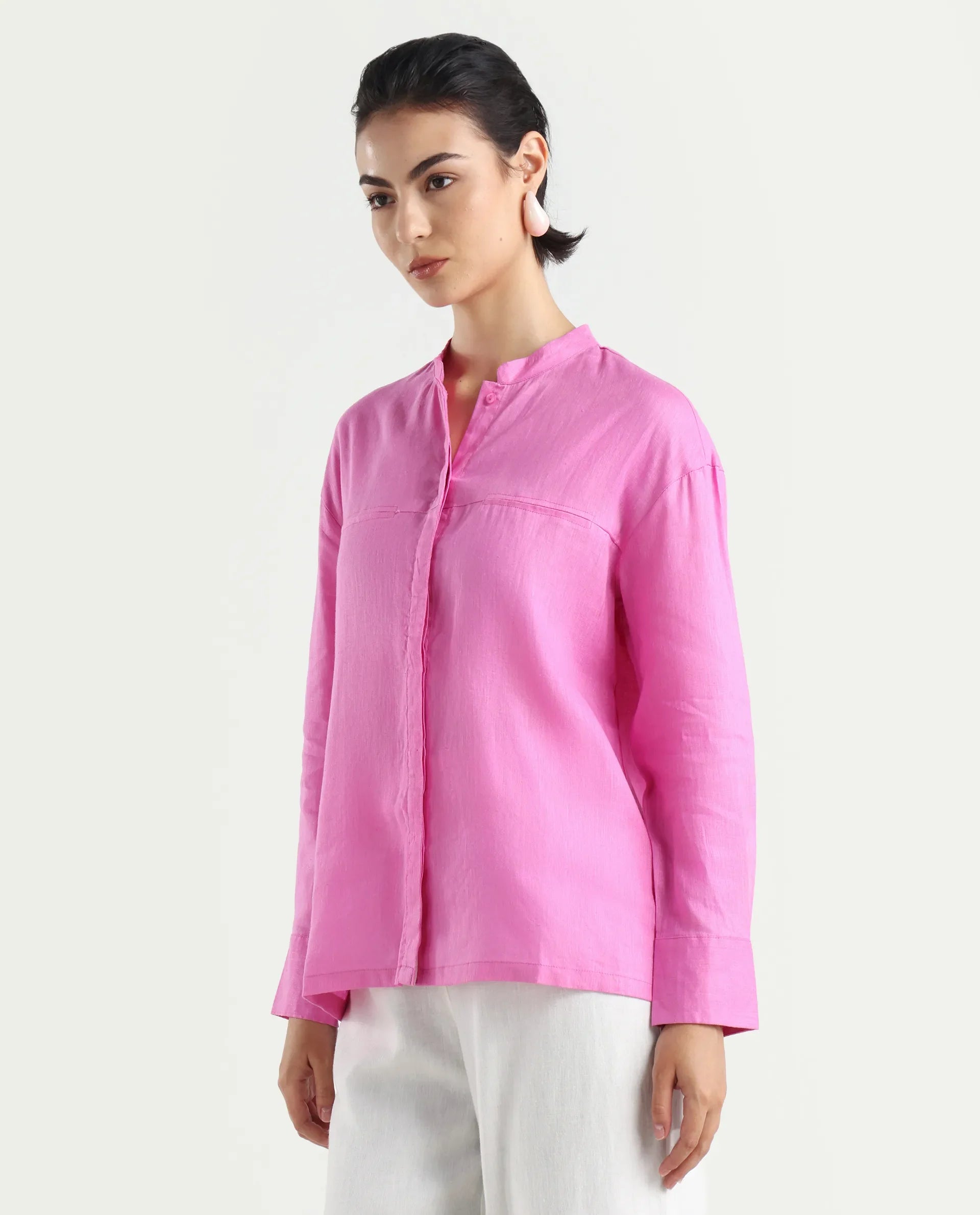 Rareism Women's Aruba Pastel Pink Cotton Linen Drop Collar Plain Cuffed Sleeve Regular Fit Shirt