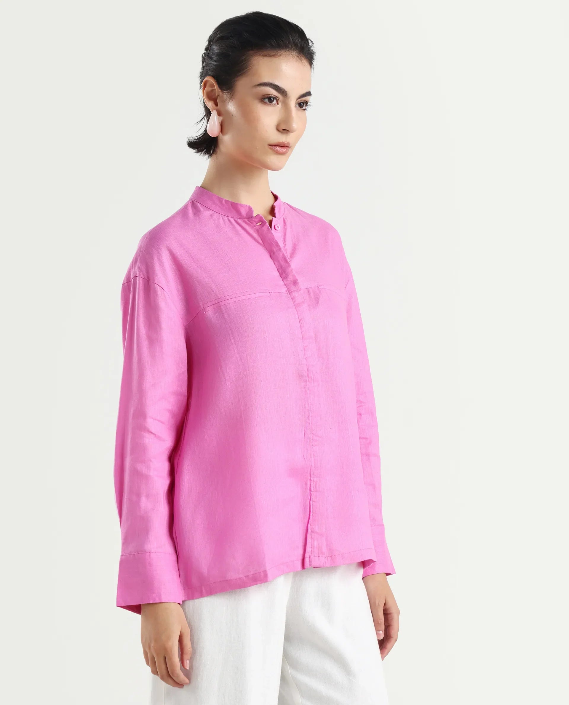 Rareism Women's Aruba Pastel Pink Cotton Linen Drop Collar Plain Cuffed Sleeve Regular Fit Shirt