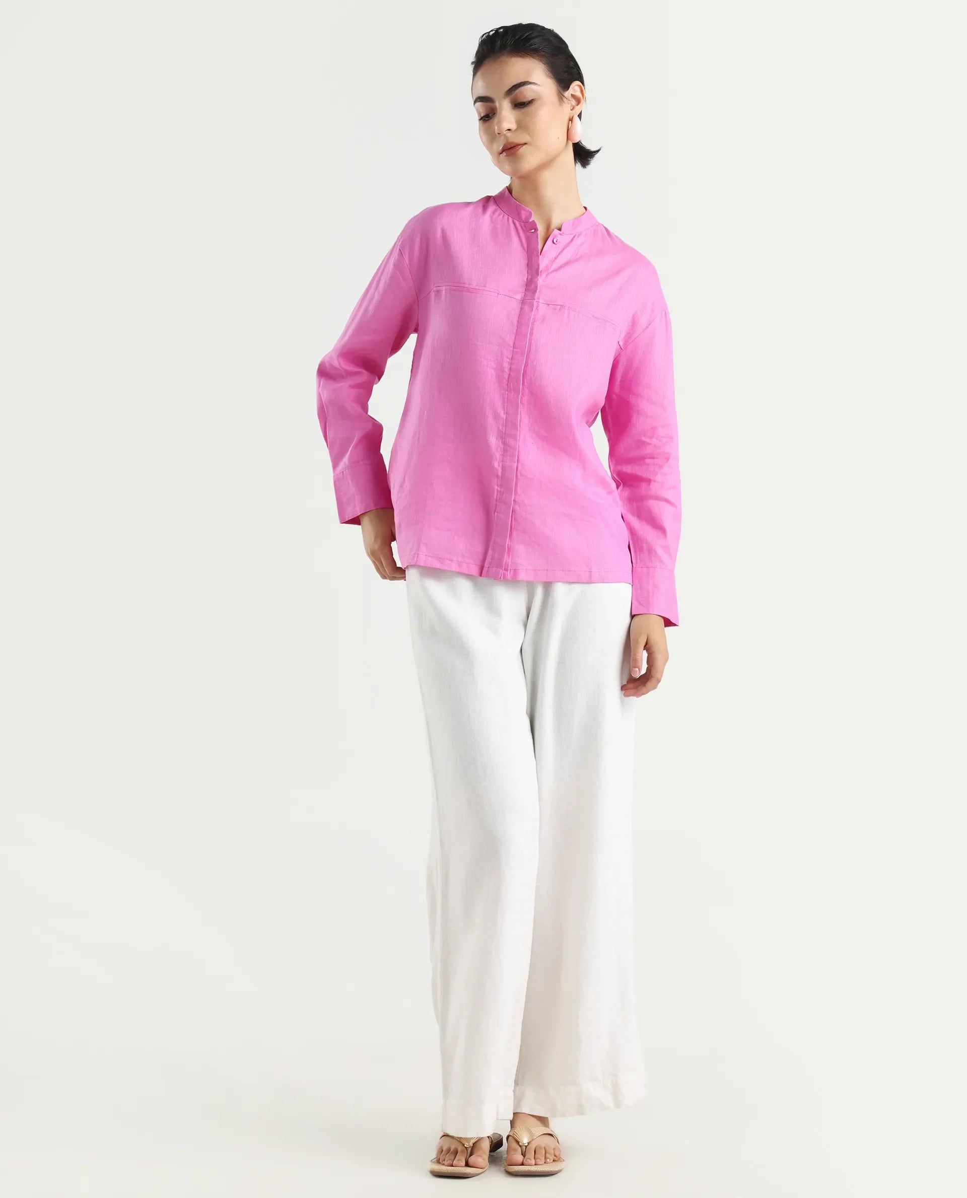 Rareism Women's Aruba Pastel Pink Cotton Linen Drop Collar Plain Cuffed Sleeve Regular Fit Shirt
