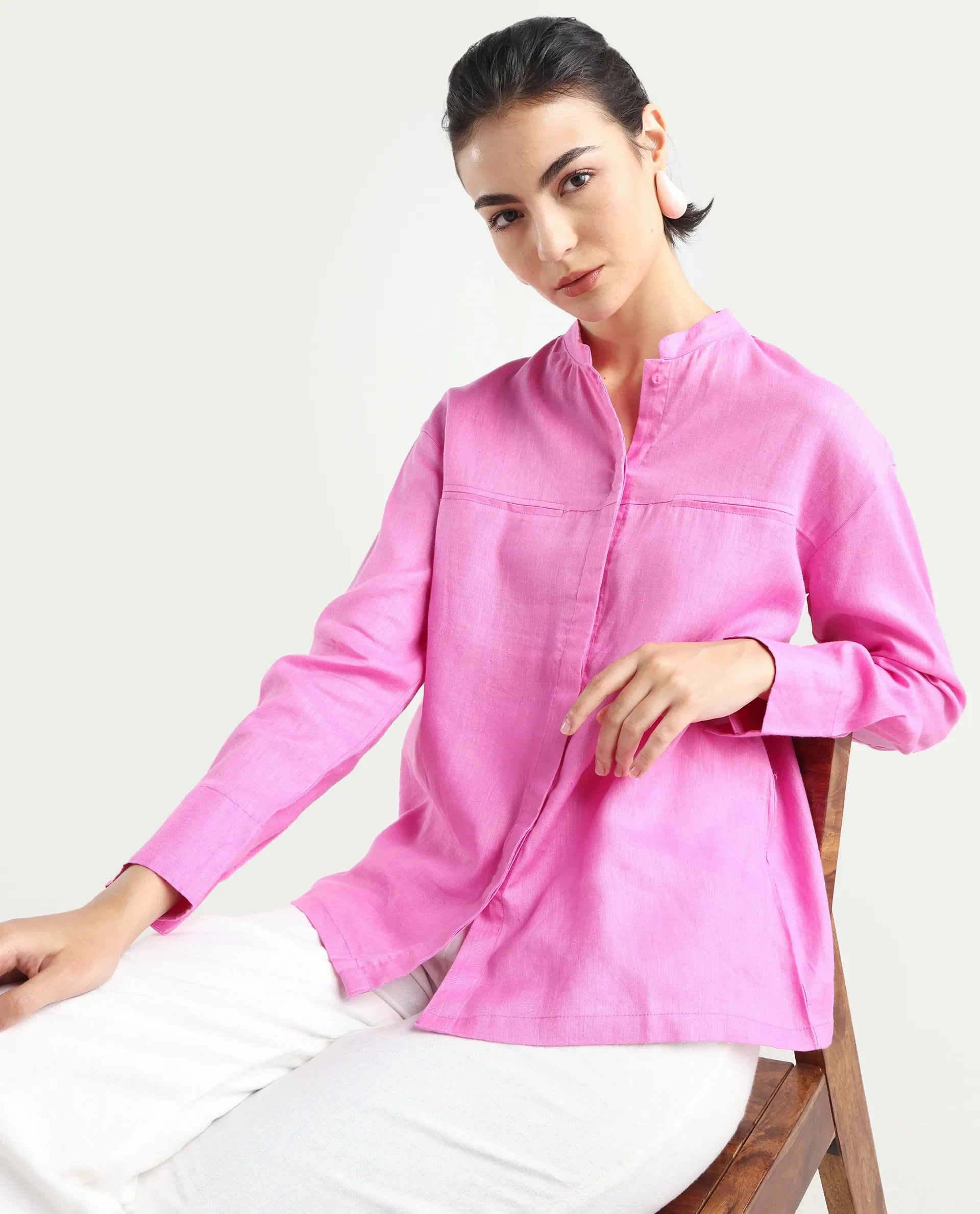 Rareism Women's Aruba Pastel Pink Cotton Linen Drop Collar Plain Cuffed Sleeve Regular Fit Shirt